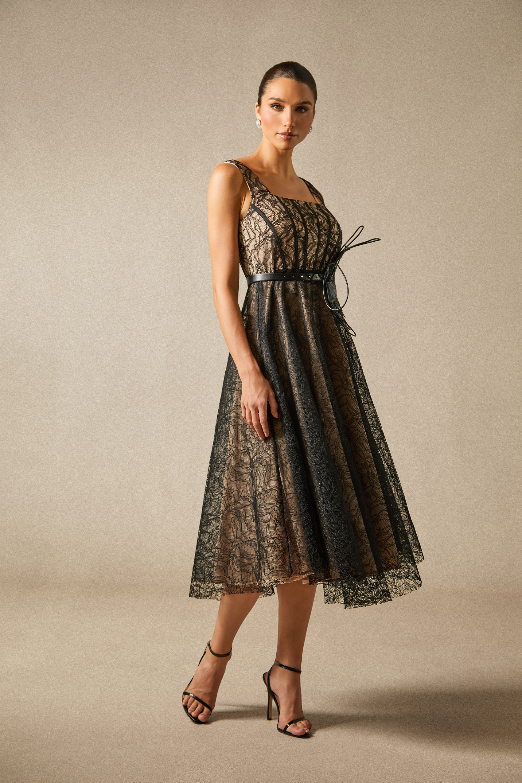 Mina Floral Applique Lace Overlay Midi Dress