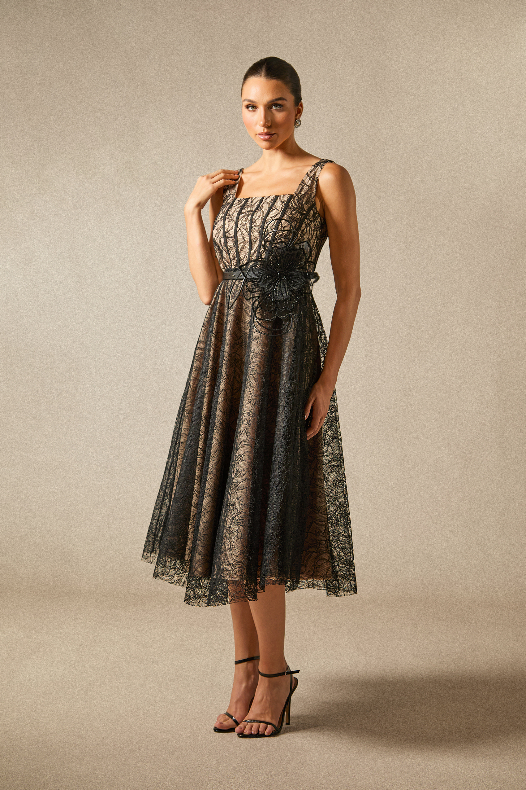 Mina Floral Applique Lace Overlay Midi Dress