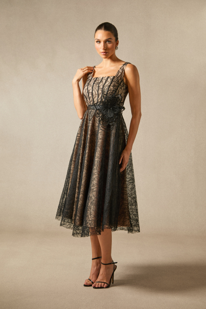 Mina Floral Applique Lace Overlay Midi Dress