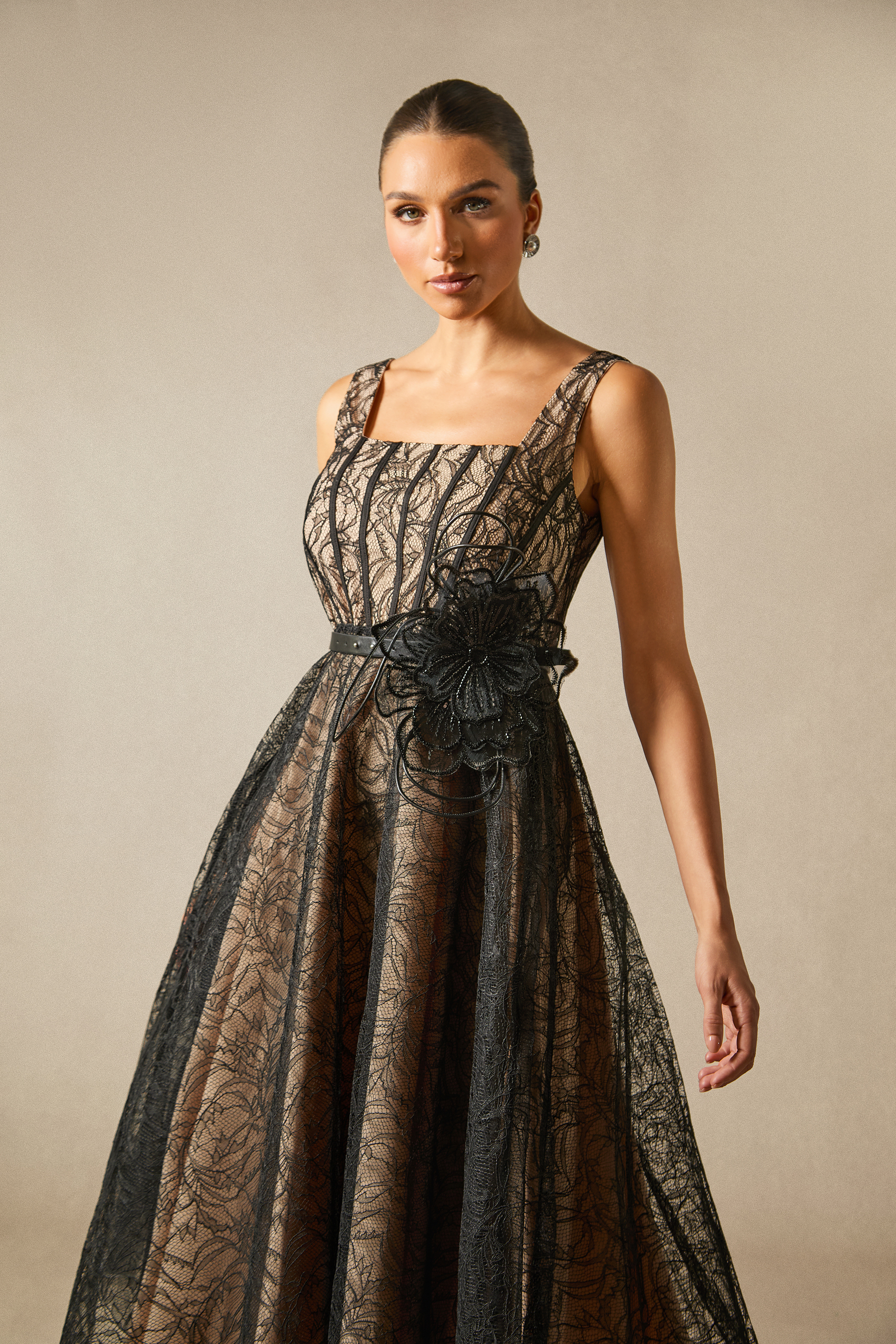 Mina Floral Applique Lace Overlay Midi Dress