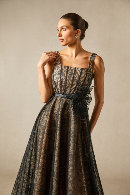 Mina Floral Applique Lace Overlay Midi Dress