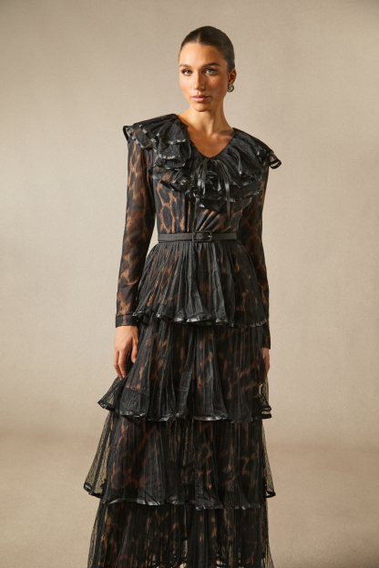 Loretta Leopard Print Tiered Ruffle Maxi Dress