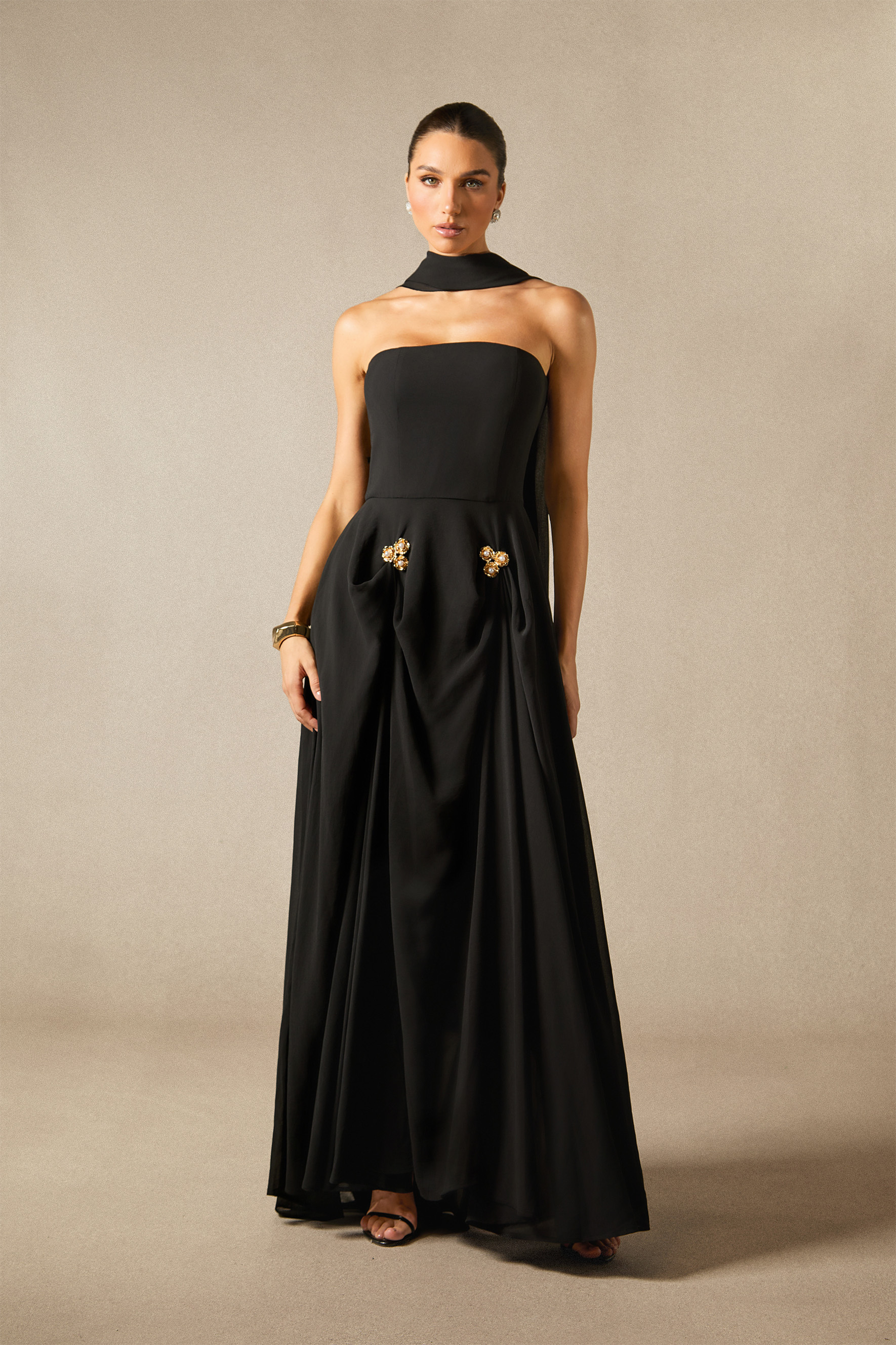 Sarah Strapless Floral Detail Maxi Dress with Scarf