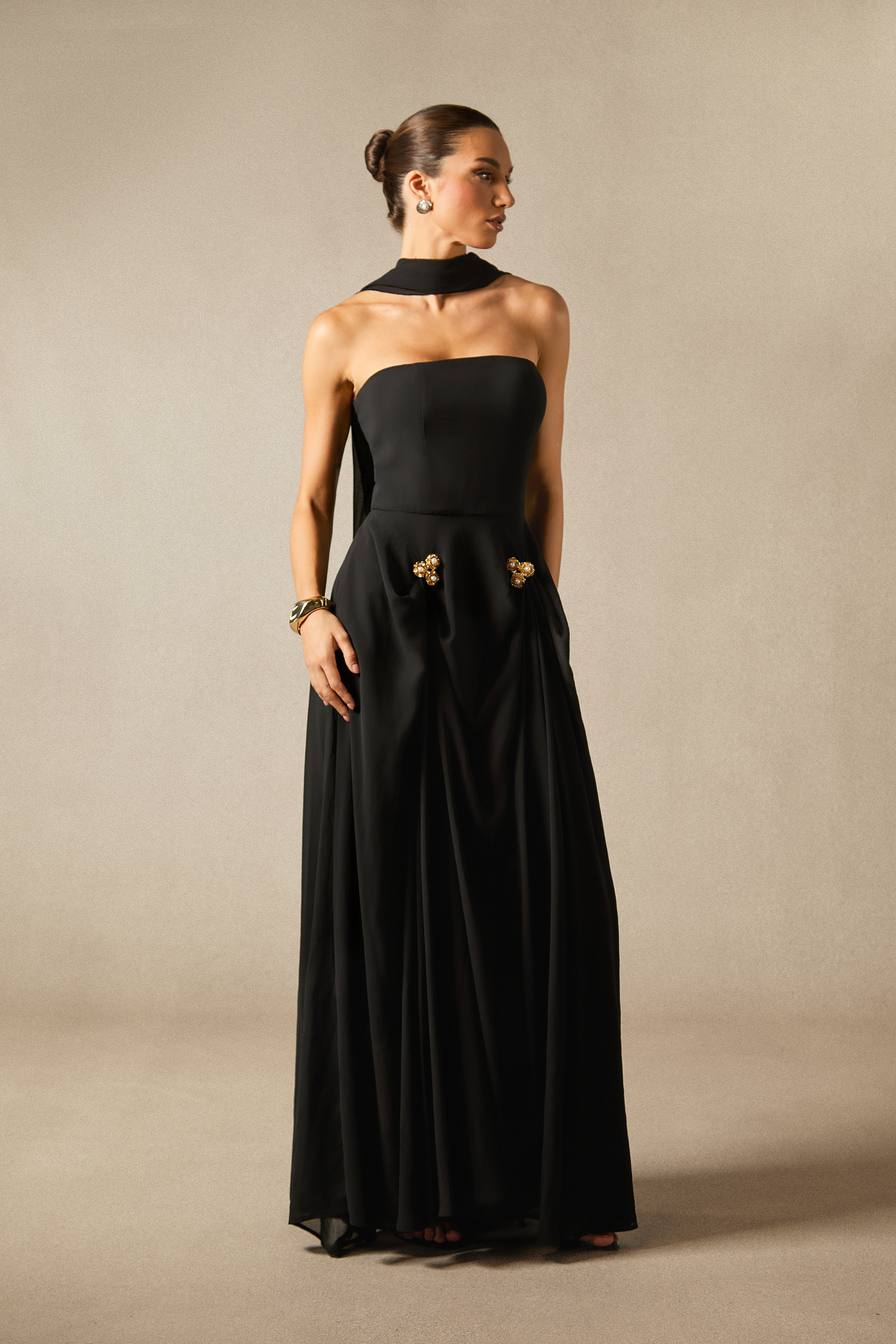 Sarah Strapless Floral Detail Maxi Dress with Scarf