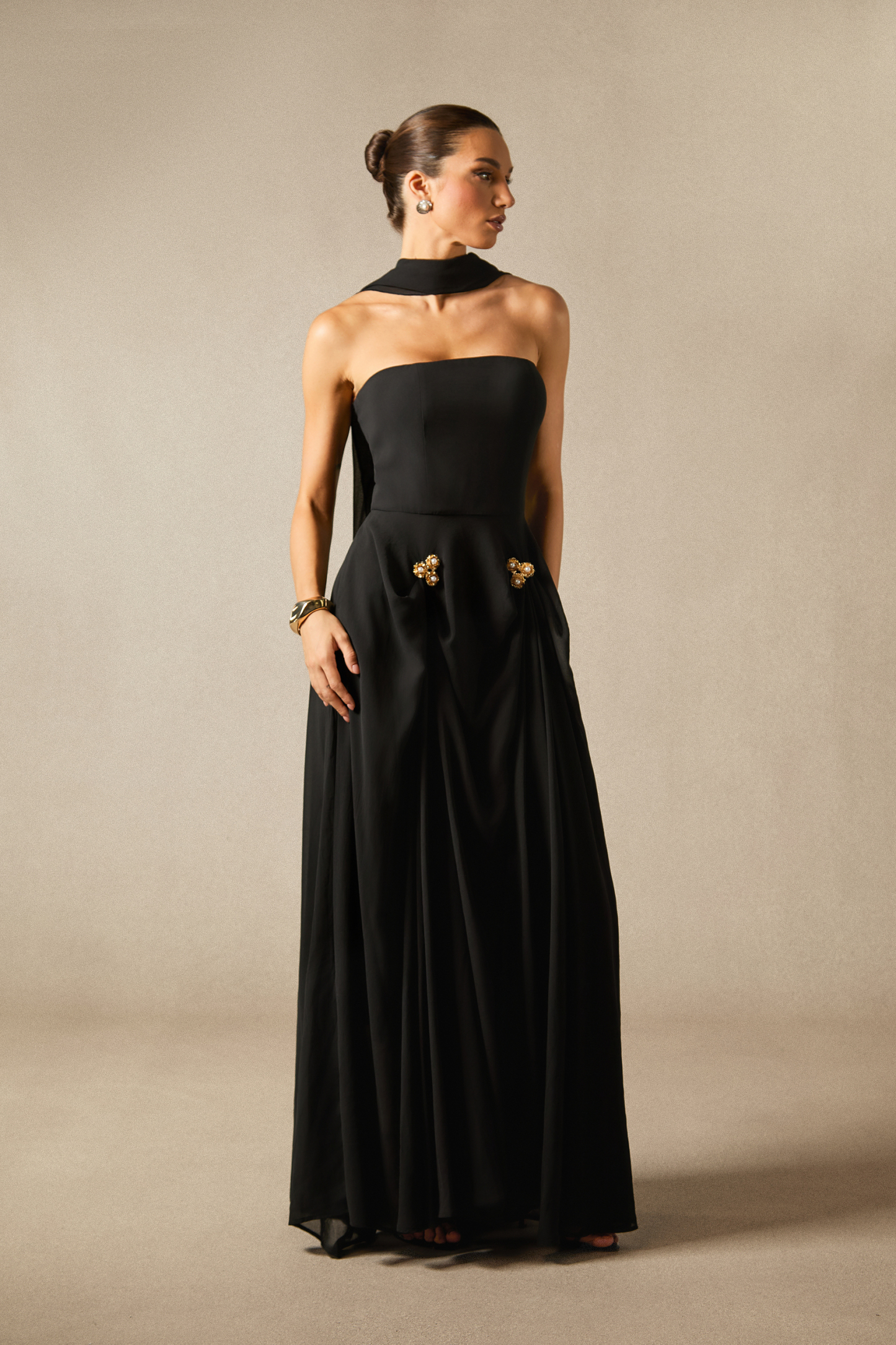 Sarah Strapless Floral Detail Maxi Dress with Scarf