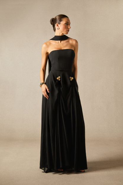 Sarah Strapless Floral Detail Maxi Dress with Scarf