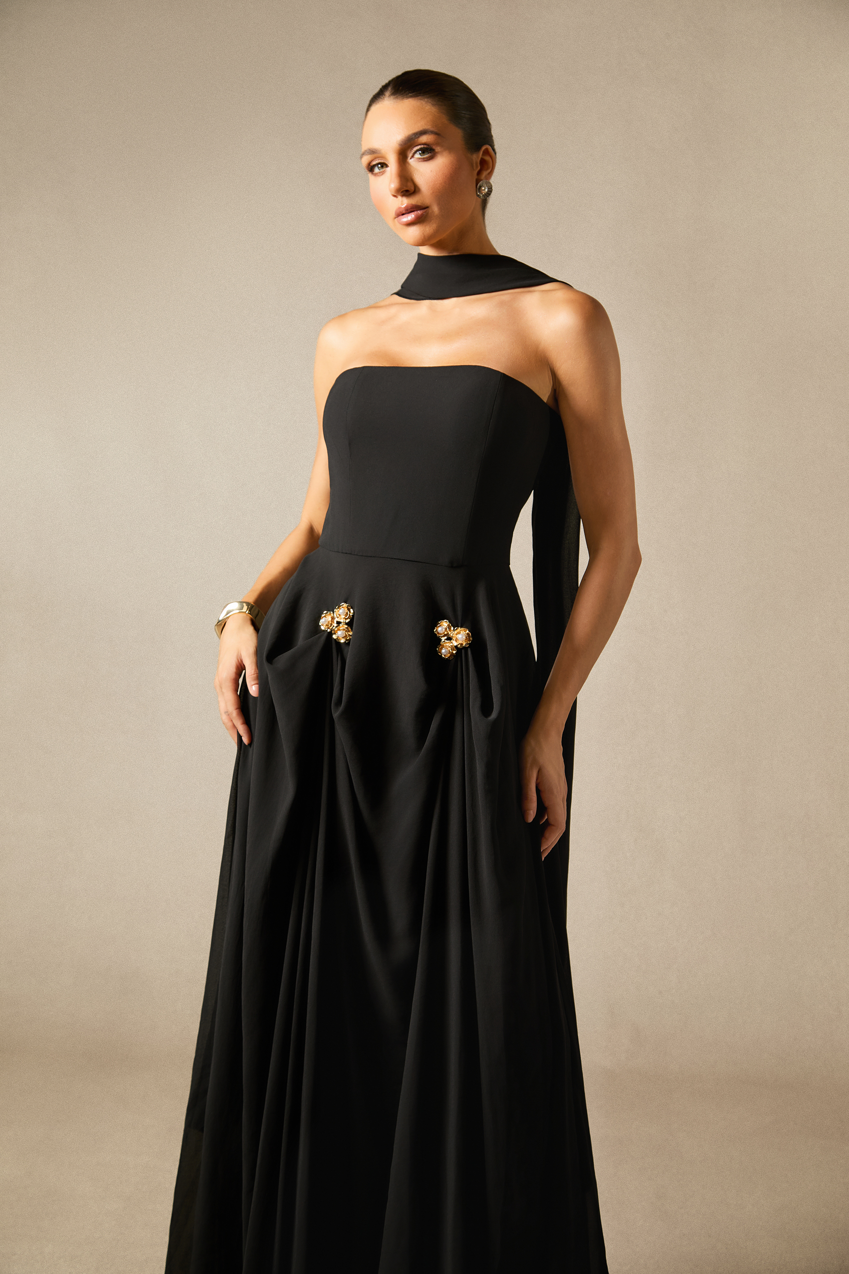 Sarah Strapless Floral Detail Maxi Dress with Scarf