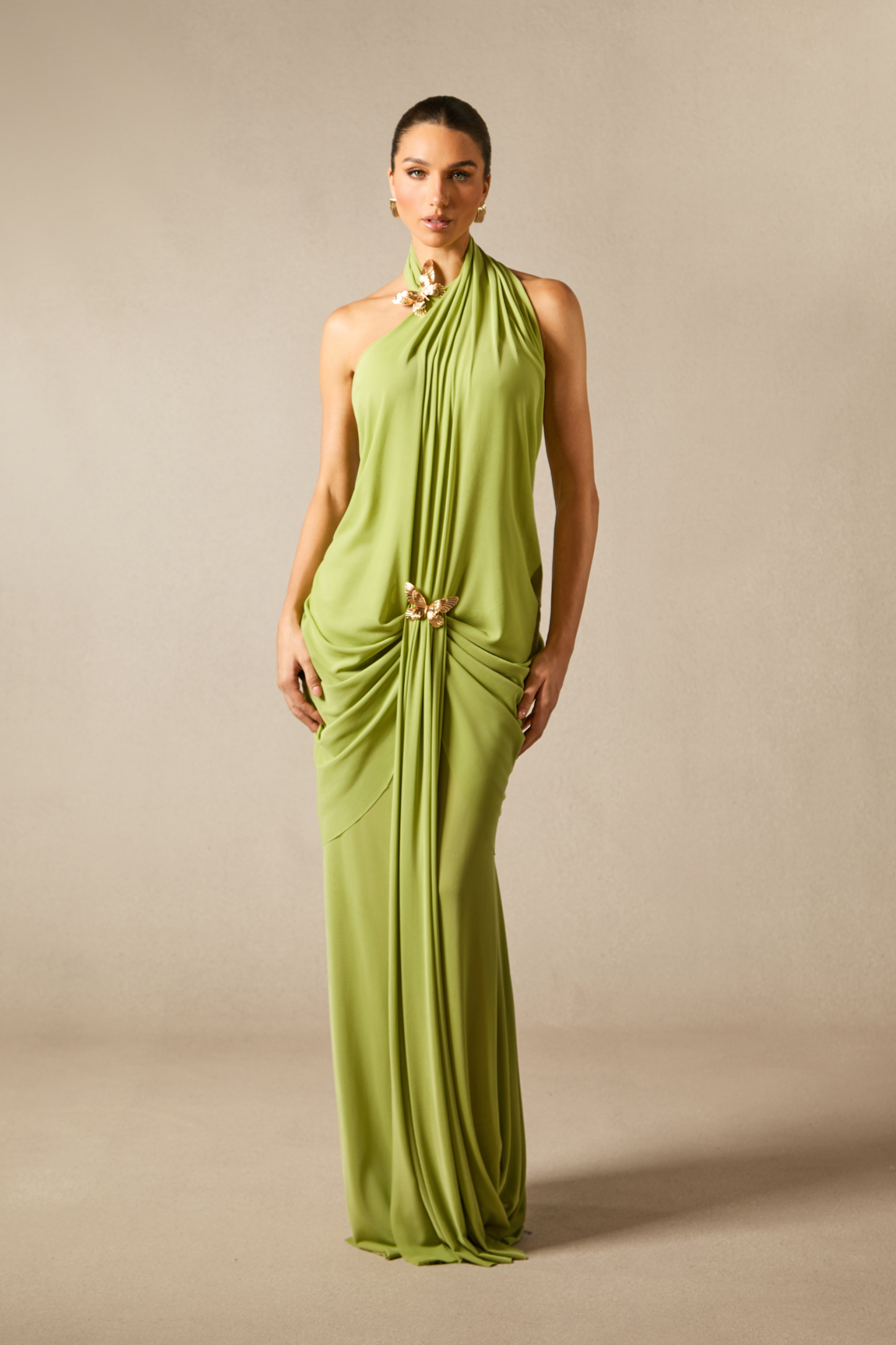 Sabrina Butterfly Embellished Draped Maxi Dress