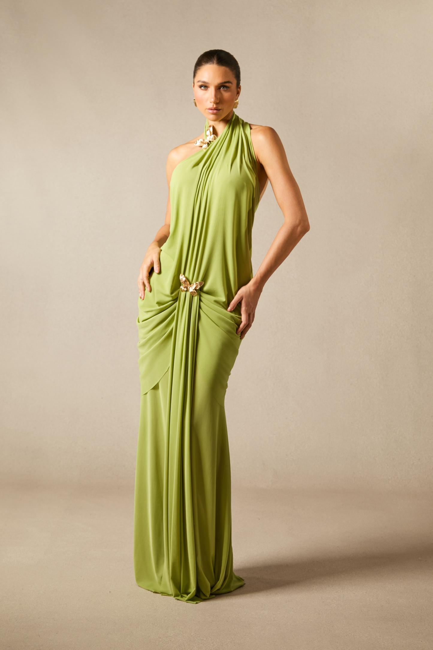 Sabrina Butterfly Embellished Draped Maxi Dress