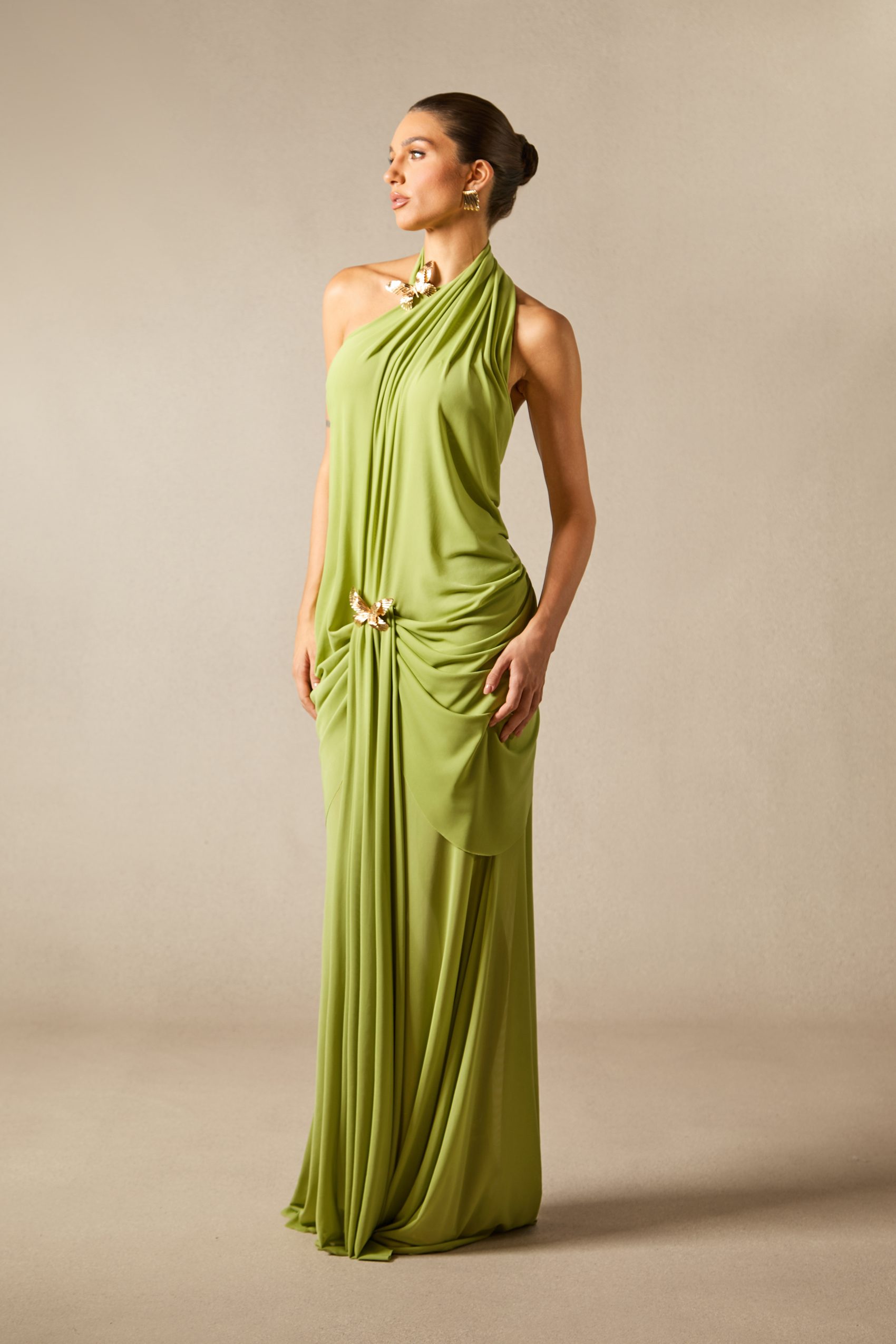 Sabrina Butterfly Embellished Draped Maxi Dress