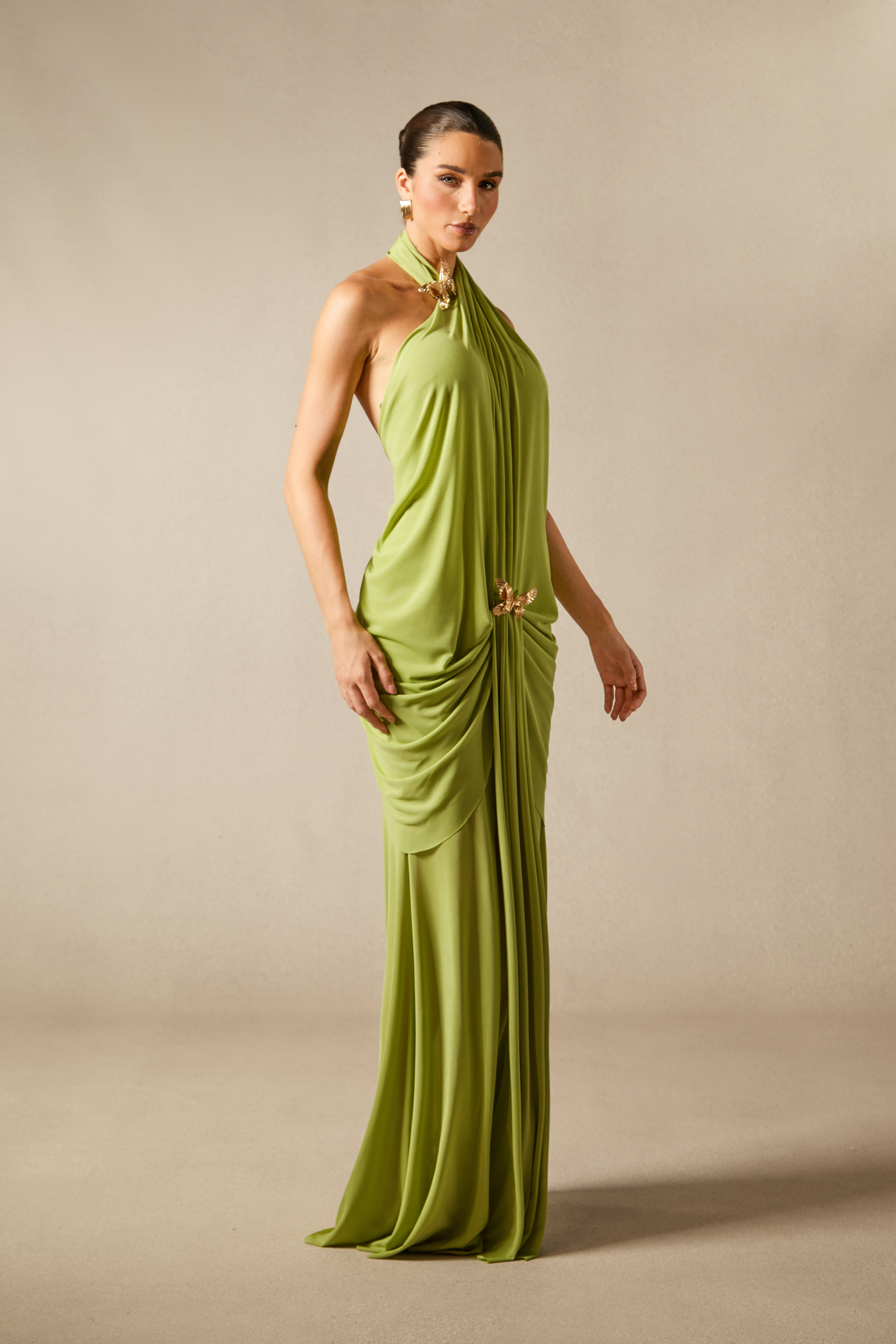 Sabrina Butterfly Embellished Draped Maxi Dress