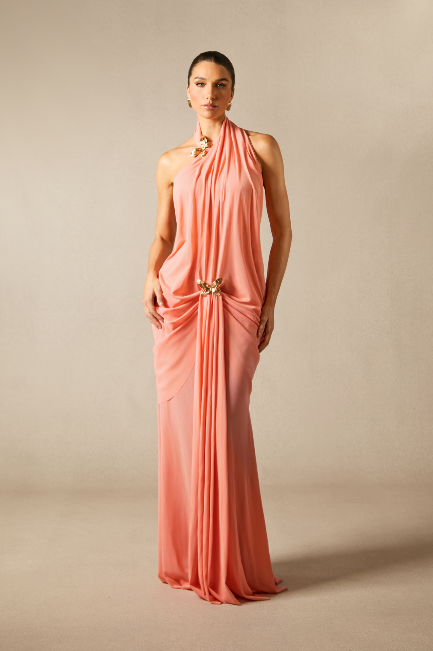 Sabrina Butterfly Embellished Draped Maxi Dress