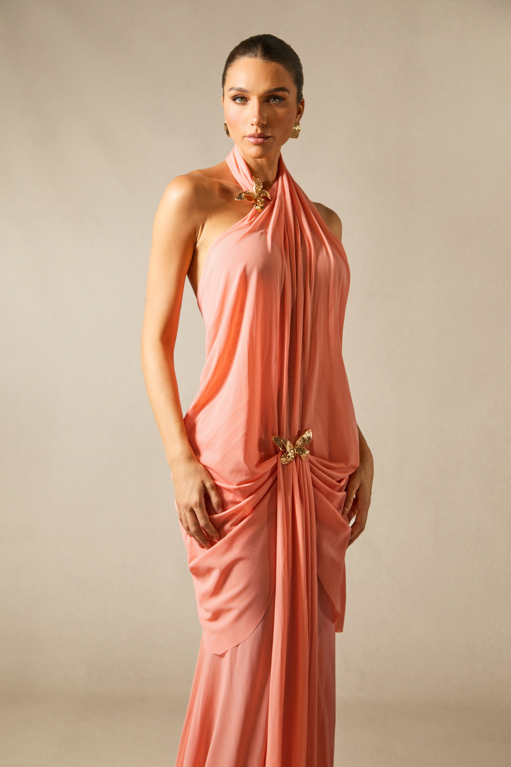 Sabrina Butterfly Embellished Draped Maxi Dress