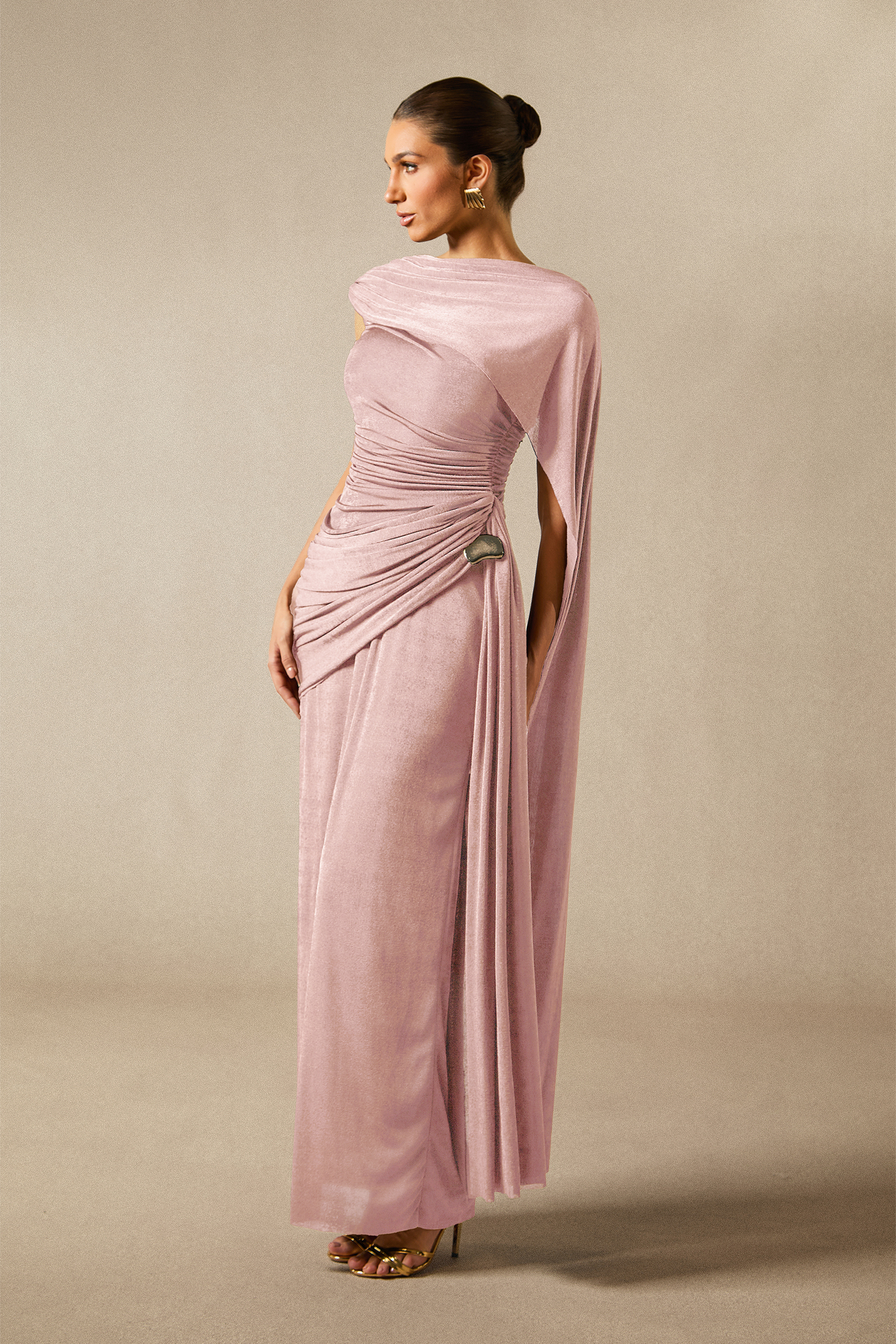 Aubrie One Shoulder Draped Cape Maxi Dress