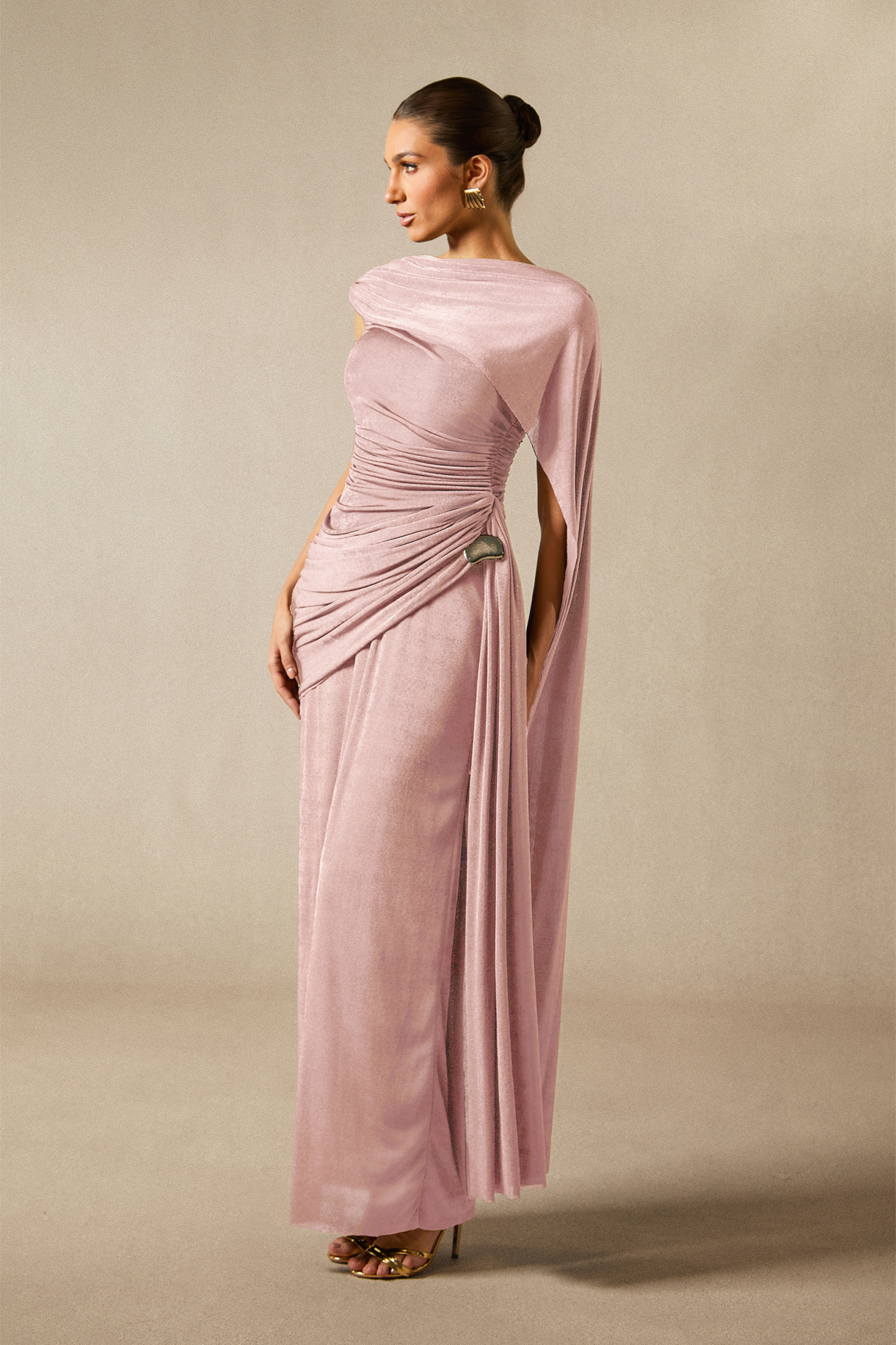 Aubrie One Shoulder Draped Cape Maxi Dress