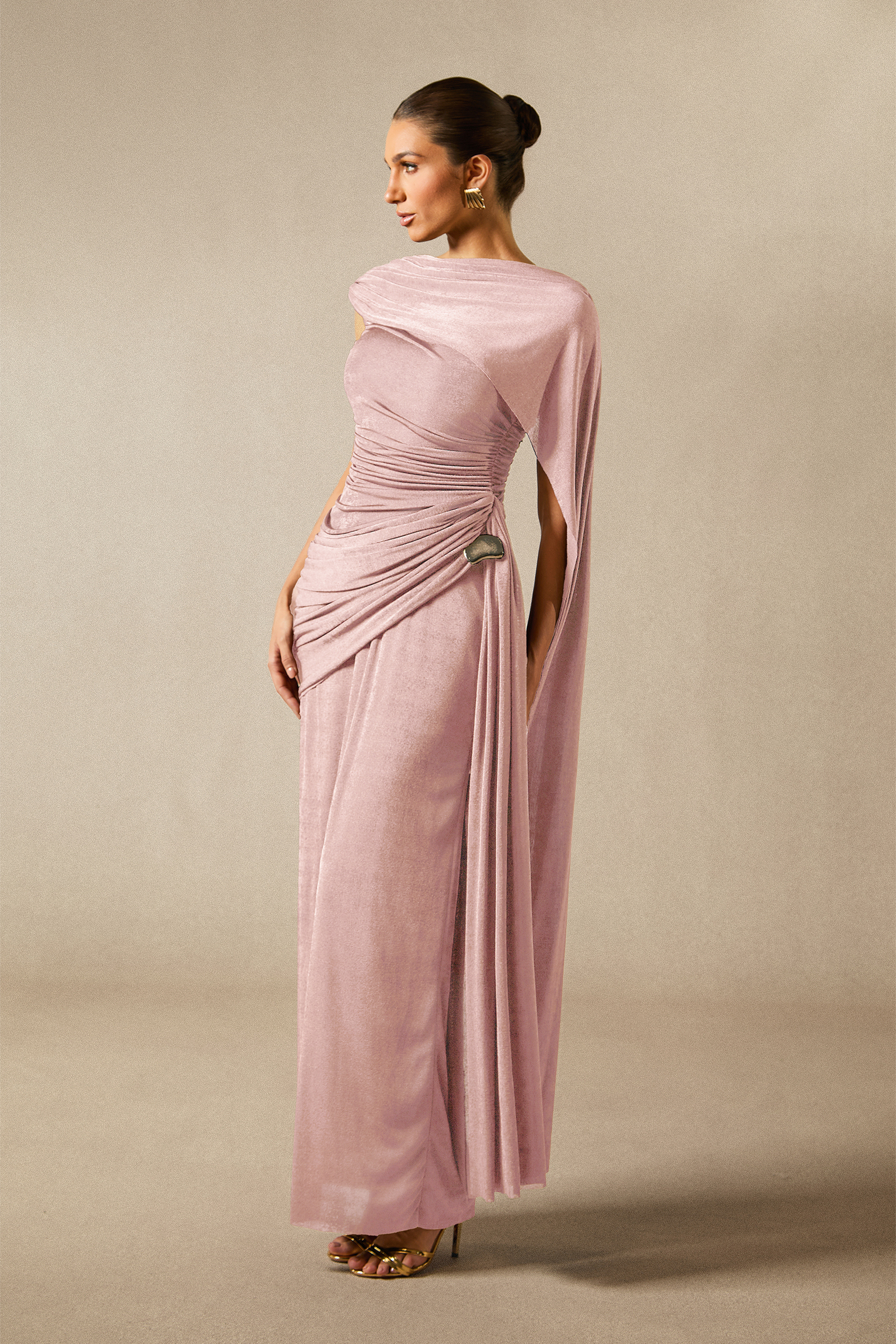 Aubrie One Shoulder Draped Cape Maxi Dress