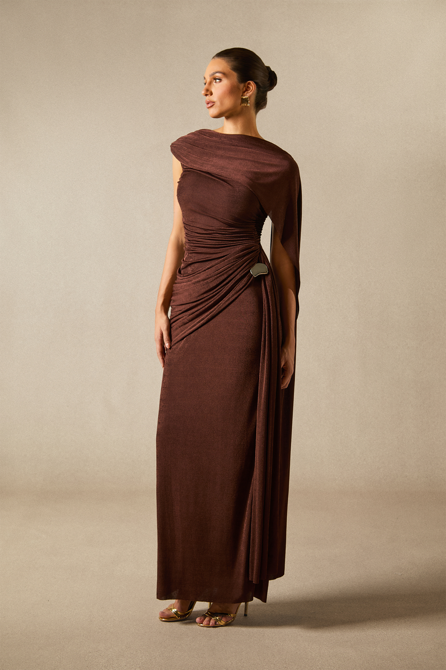 Aubrie One Shoulder Draped Cape Maxi Dress
