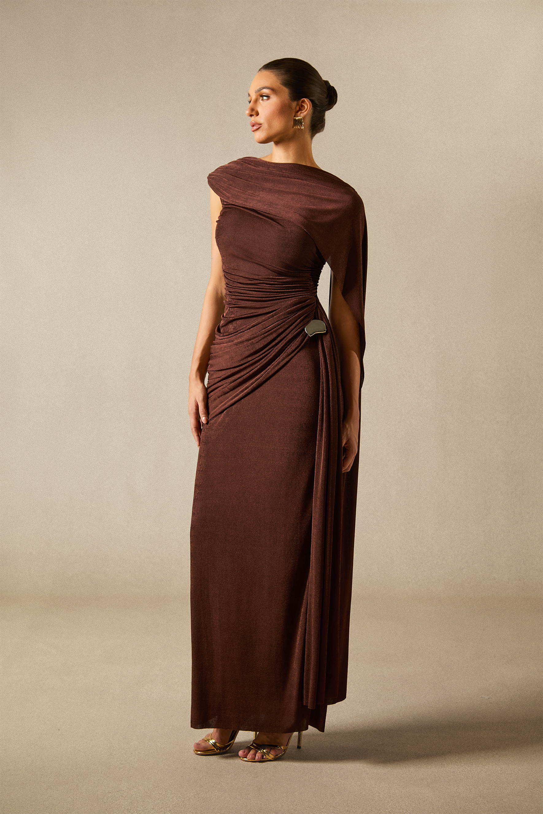 Aubrie One Shoulder Draped Cape Maxi Dress