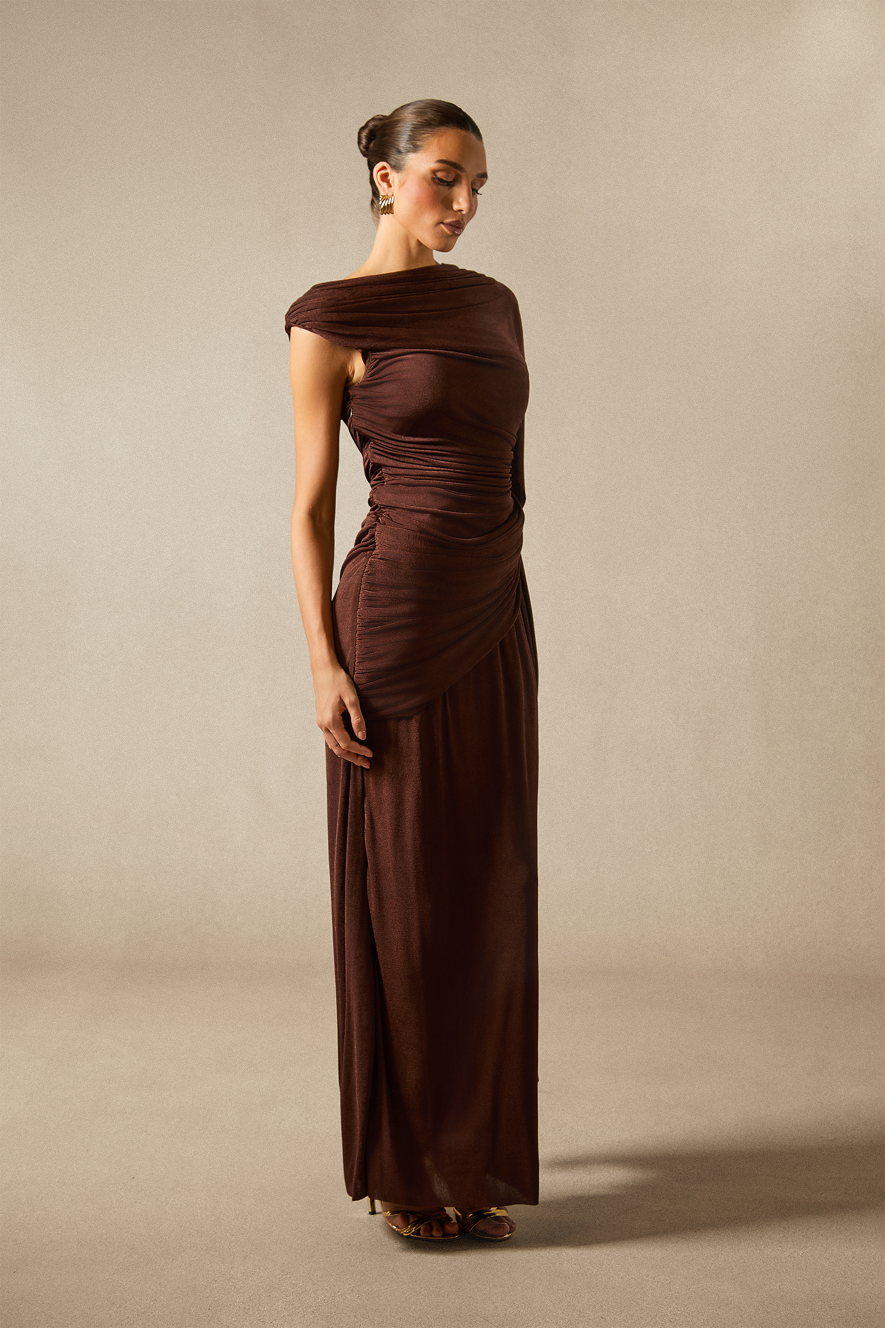 Aubrie One Shoulder Draped Cape Maxi Dress