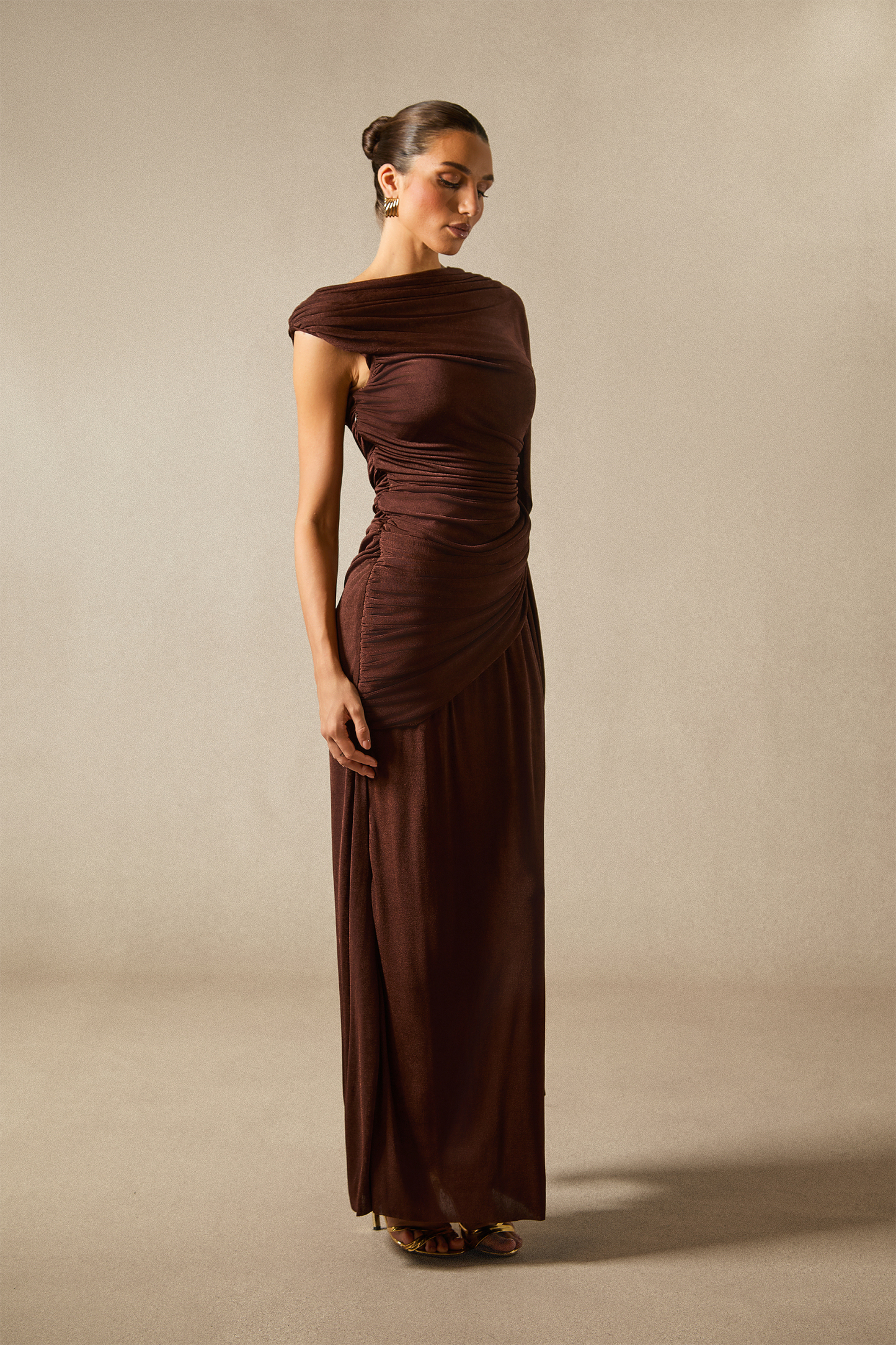 Aubrie One Shoulder Draped Cape Maxi Dress