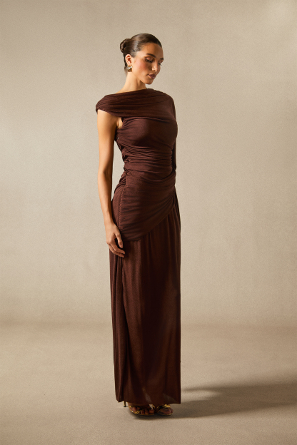 Aubrie One Shoulder Draped Cape Maxi Dress