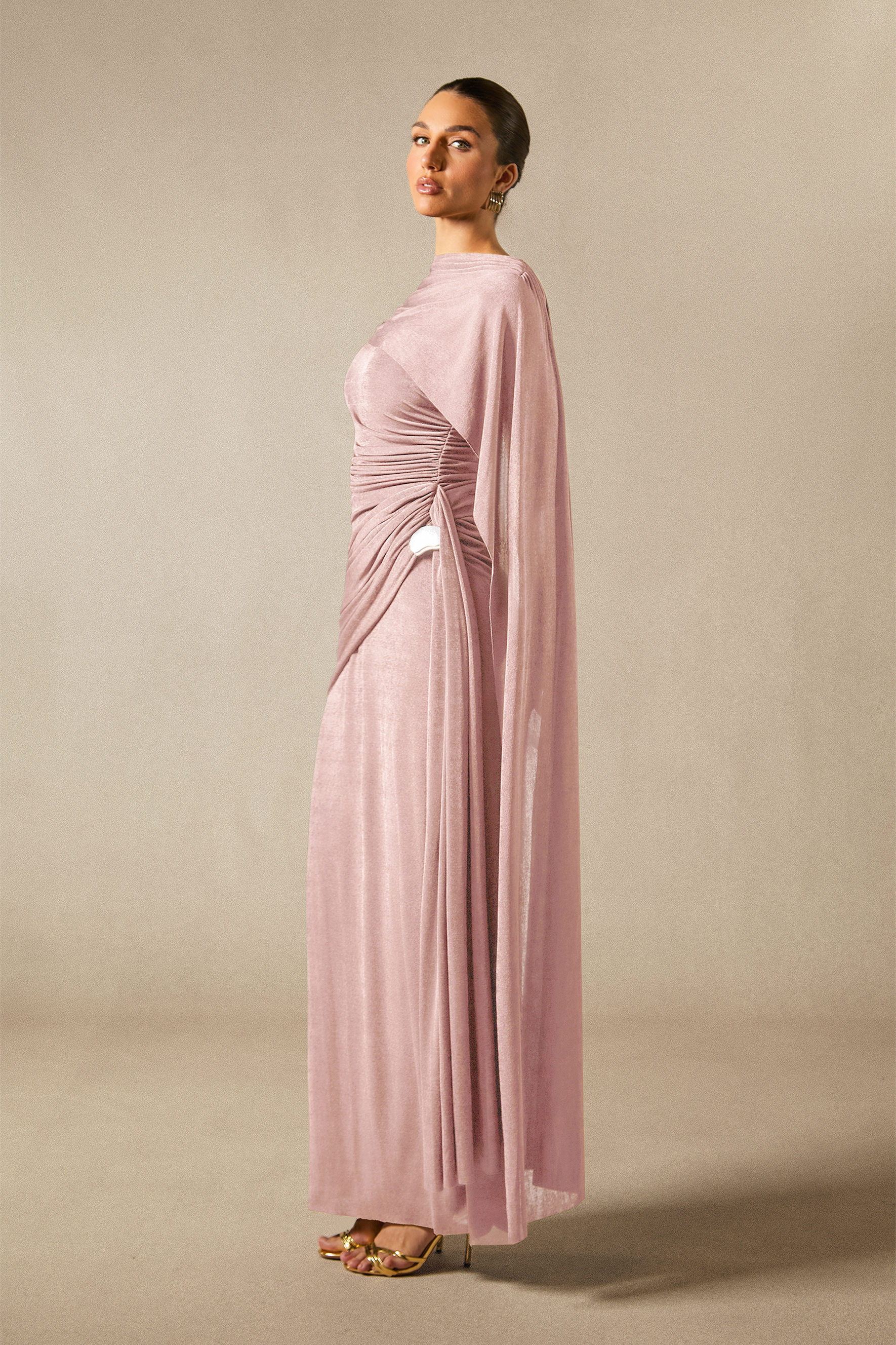 Aubrie One Shoulder Draped Cape Maxi Dress