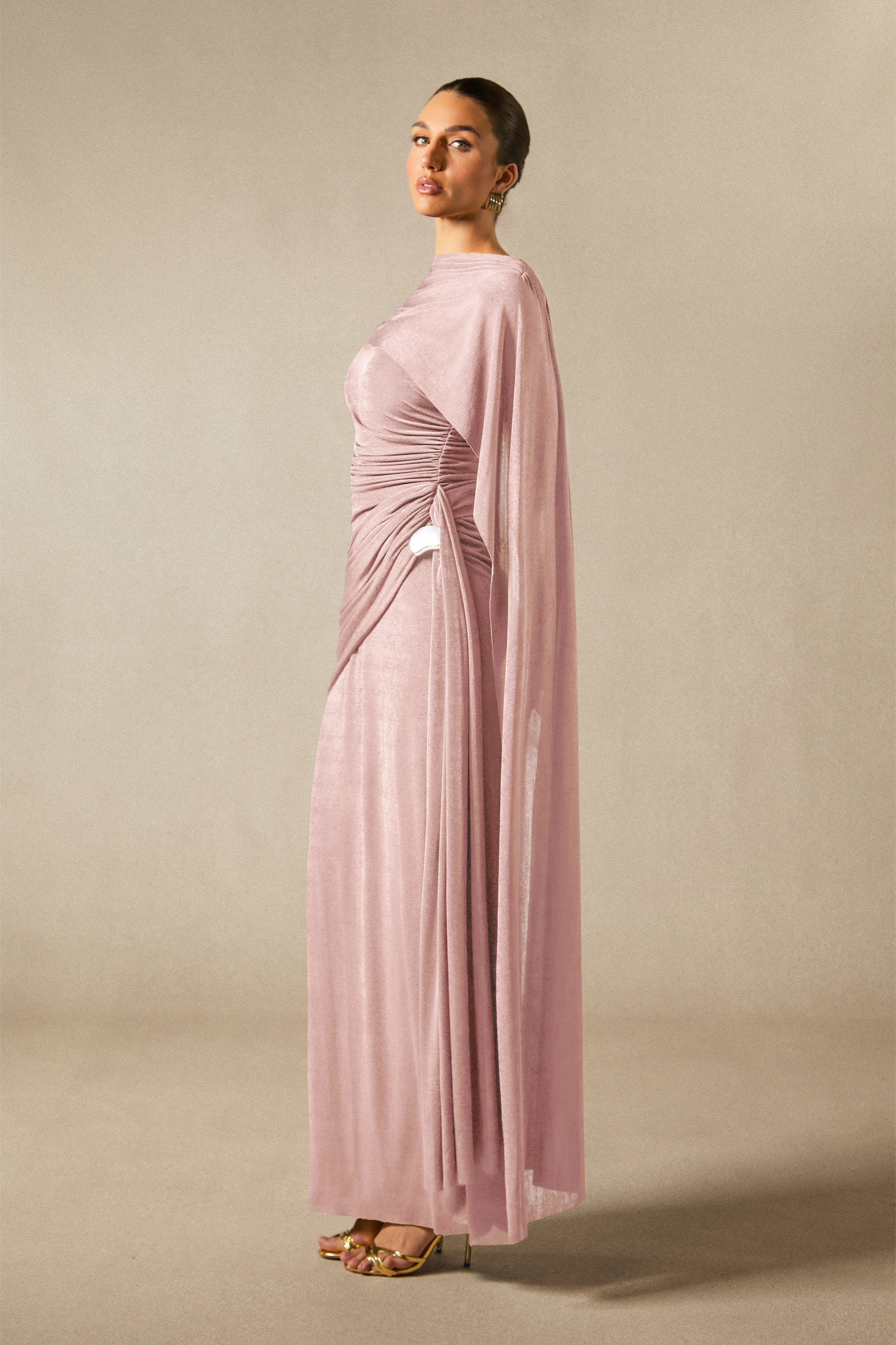 Aubrie One Shoulder Draped Cape Maxi Dress