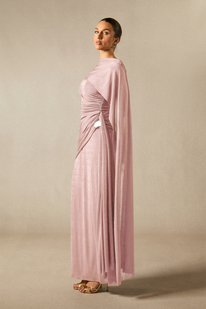 Aubrie One Shoulder Draped Cape Maxi Dress