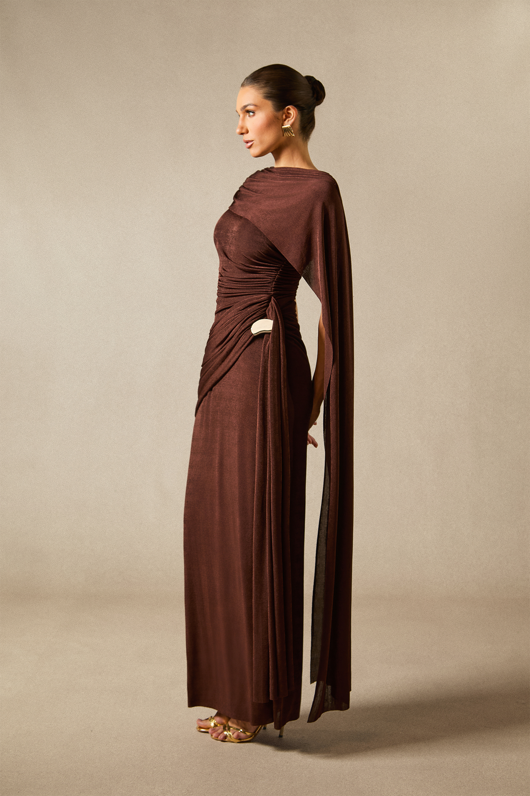 Aubrie One Shoulder Draped Cape Maxi Dress