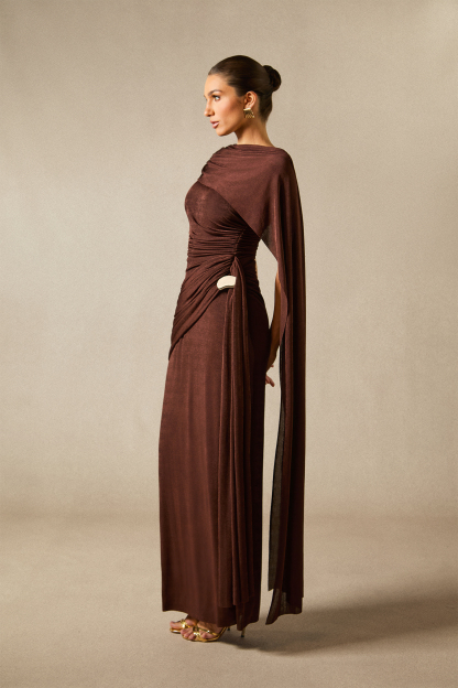 Aubrie One Shoulder Draped Cape Maxi Dress