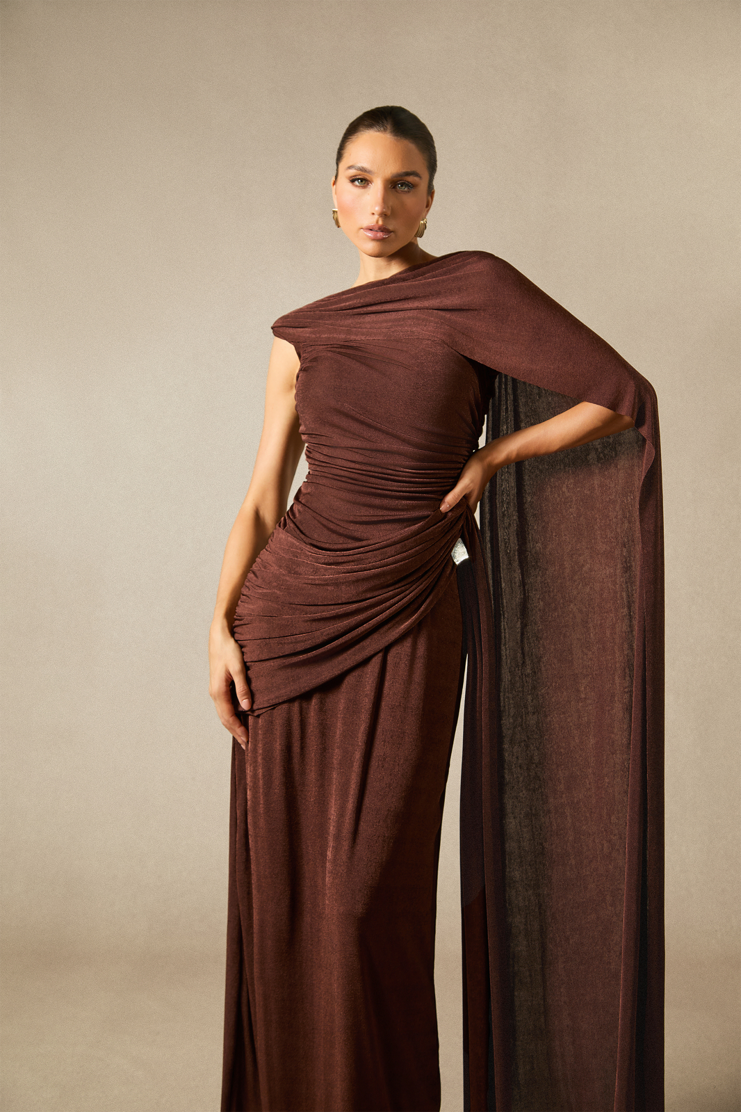 Aubrie One Shoulder Draped Cape Maxi Dress