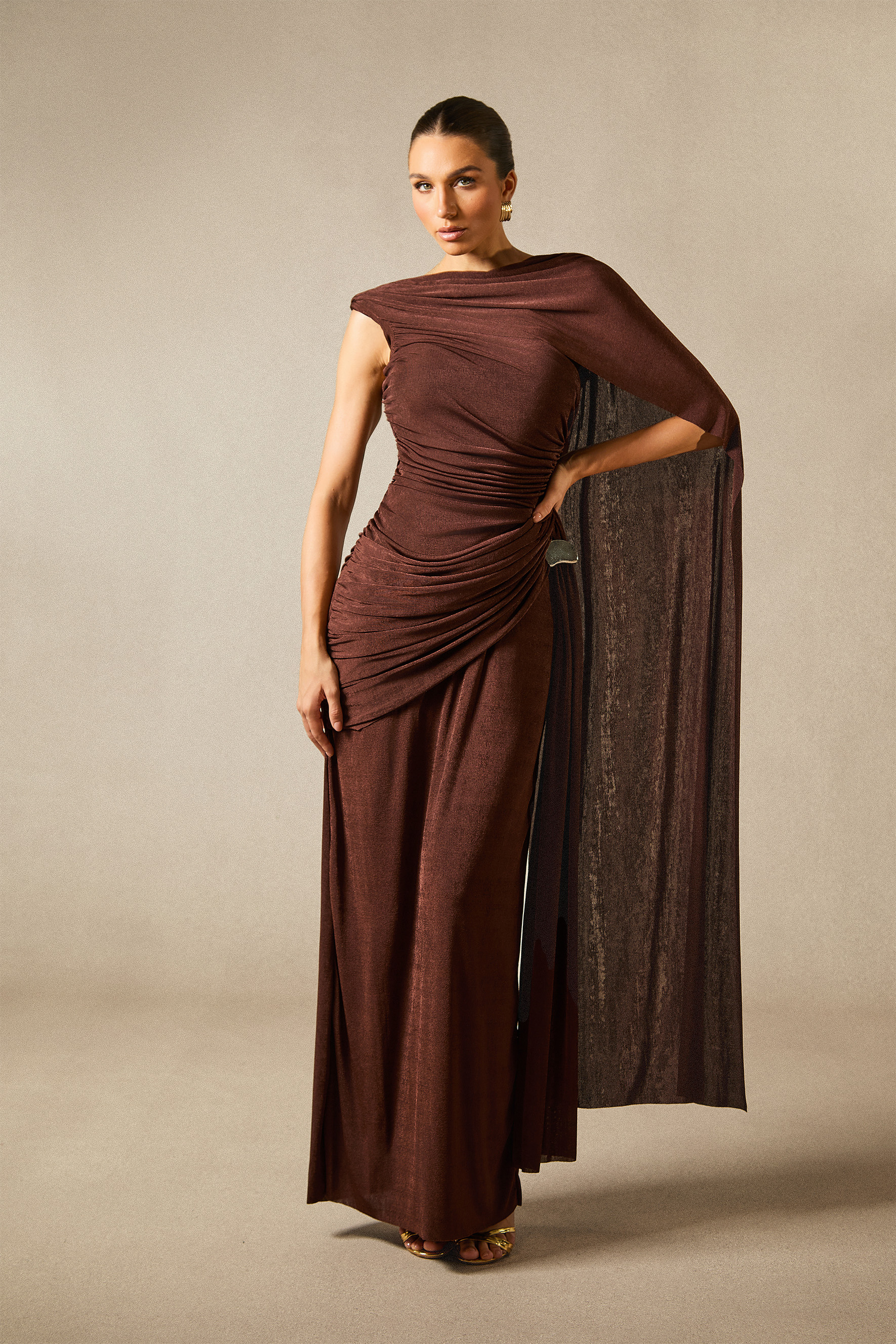 Aubrie One Shoulder Draped Cape Maxi Dress – sunfere