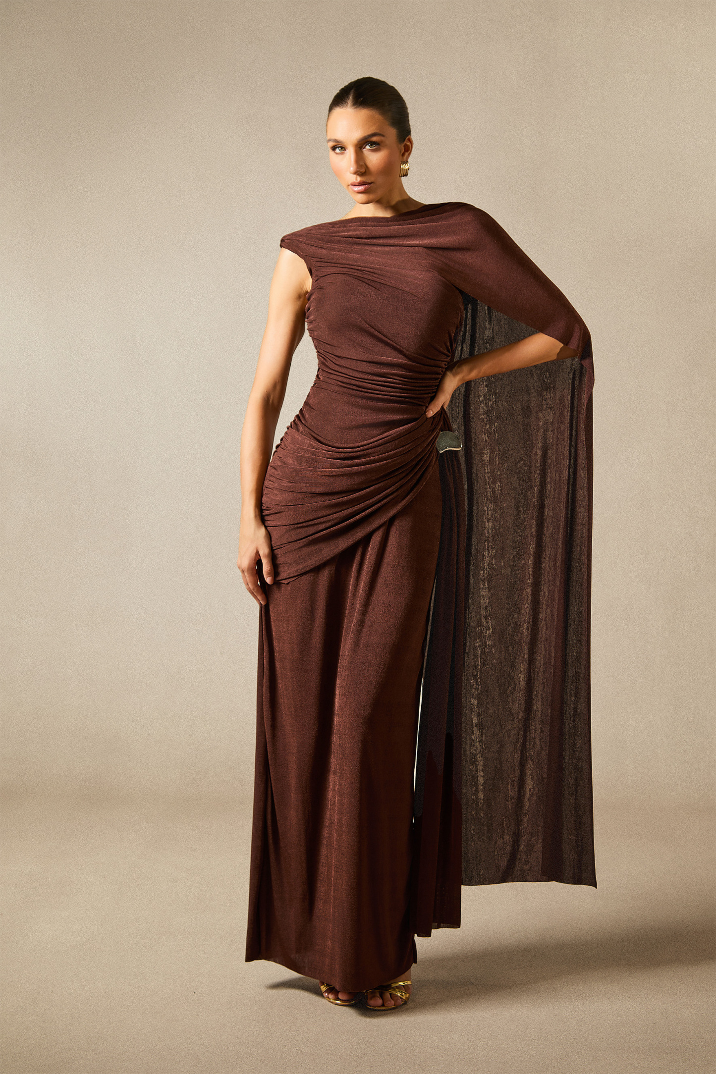 Aubrie One Shoulder Draped Cape Maxi Dress