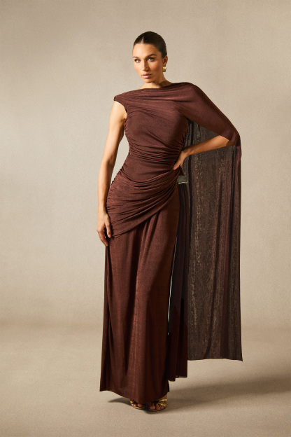 Aubrie One Shoulder Draped Cape Maxi Dress