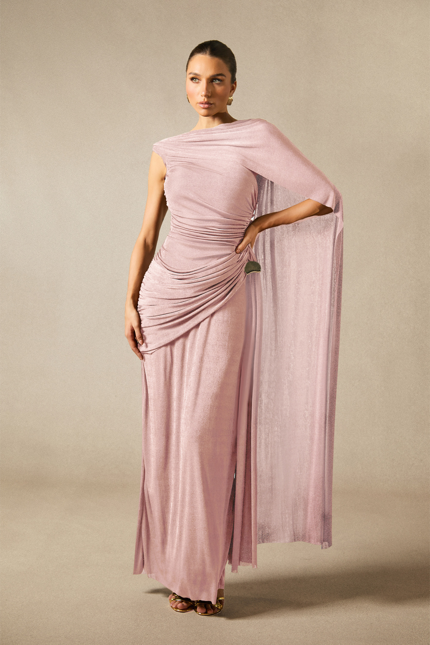 Aubrie One Shoulder Draped Cape Maxi Dress