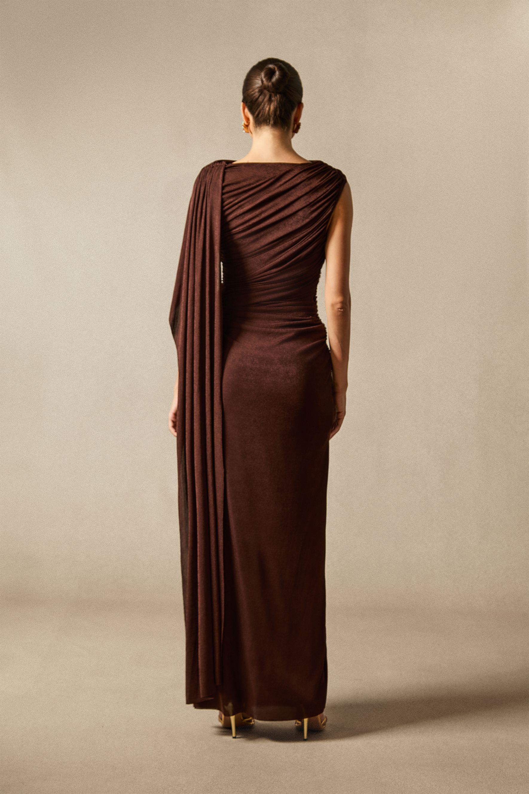 Aubrie One Shoulder Draped Cape Maxi Dress