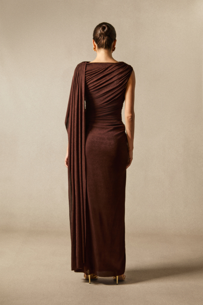 Aubrie One Shoulder Draped Cape Maxi Dress