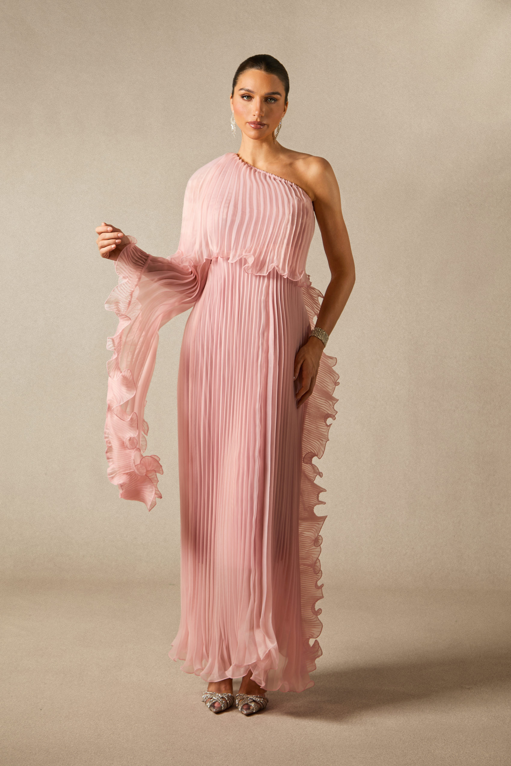 Khloe One Shoulder Pleated Ruffle Maxi Dress
