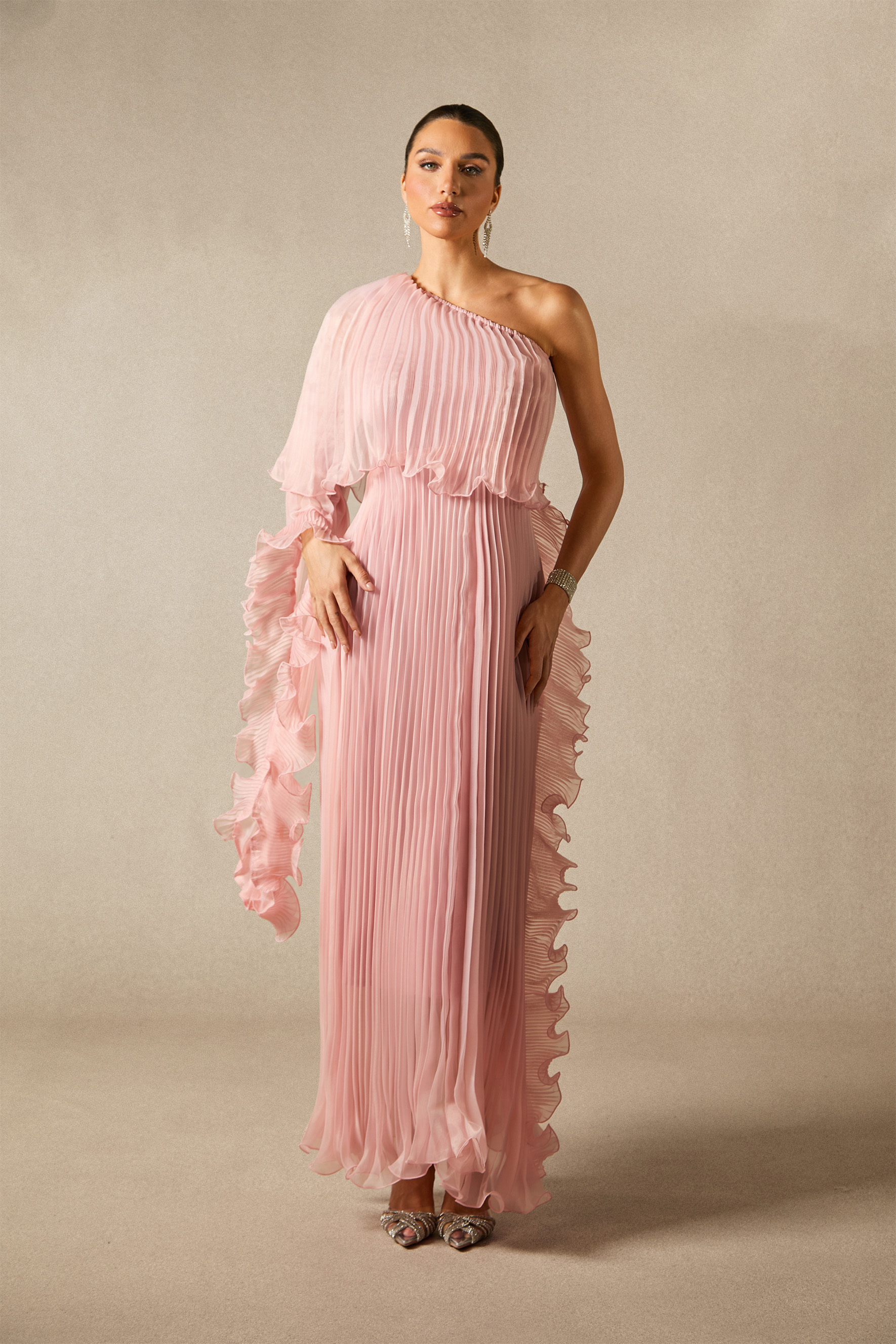 Khloe One Shoulder Pleated Ruffle Maxi Dress