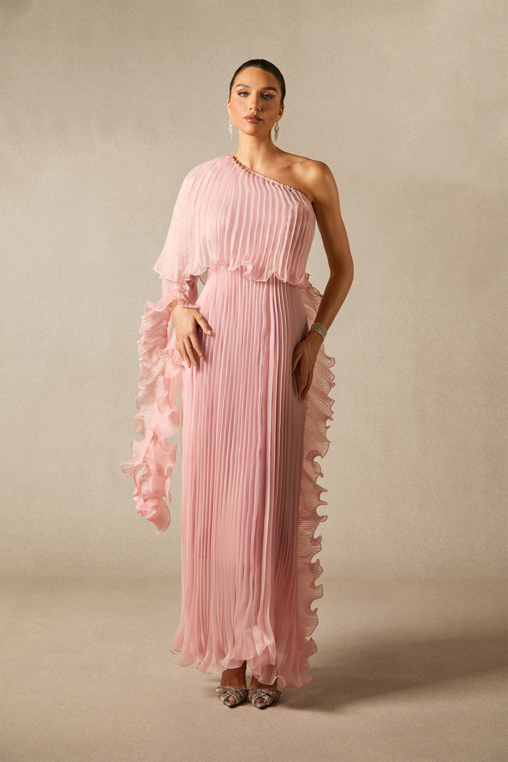 Khloe One Shoulder Pleated Ruffle Maxi Dress