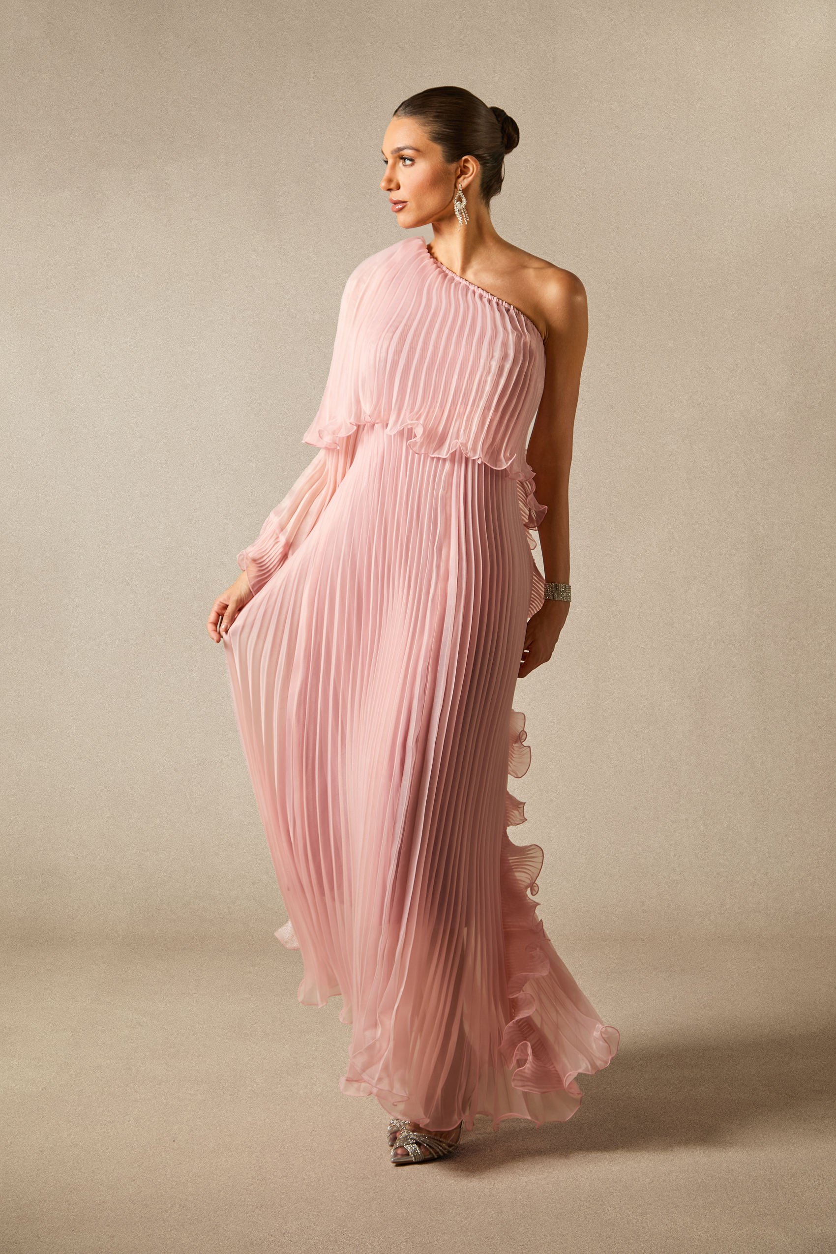 Khloe One Shoulder Pleated Ruffle Maxi Dress
