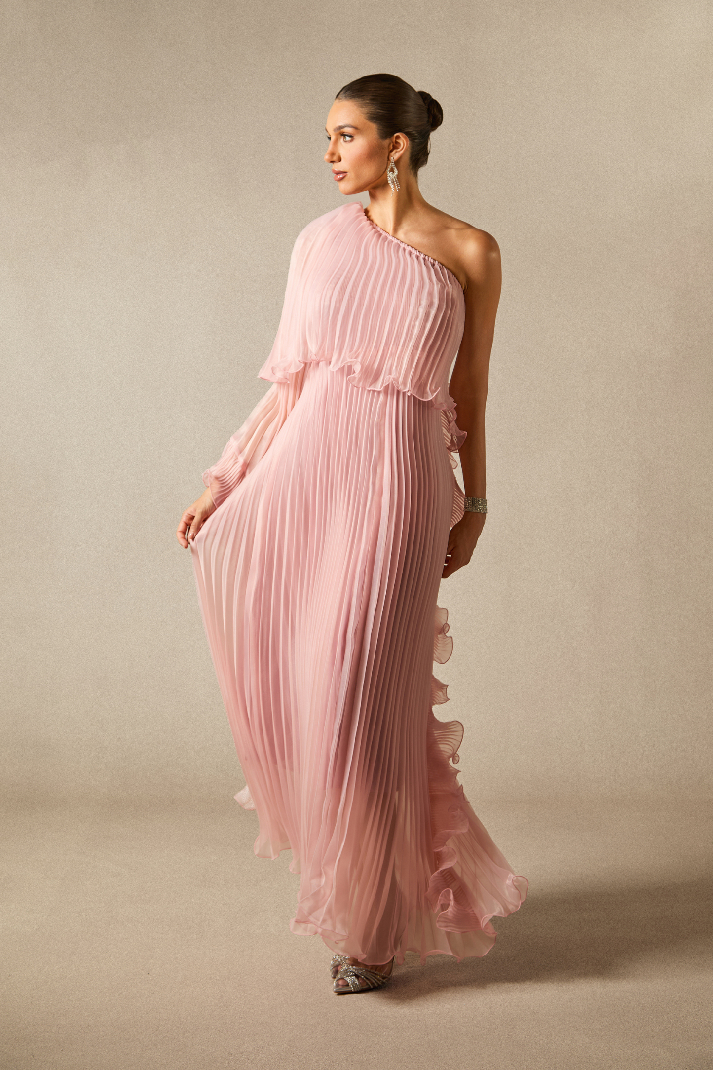 Khloe One Shoulder Pleated Ruffle Maxi Dress