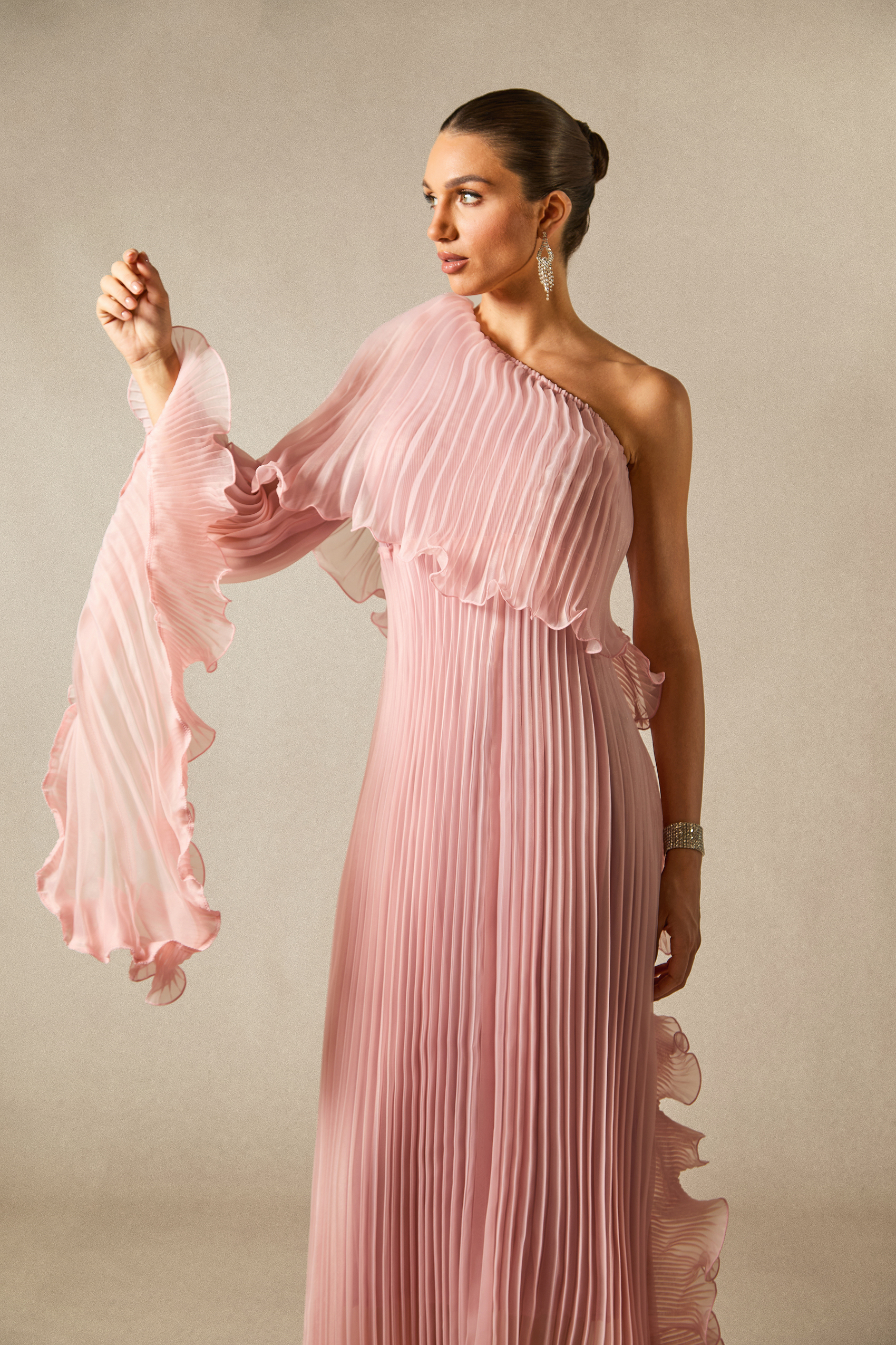 Khloe One Shoulder Pleated Ruffle Maxi Dress