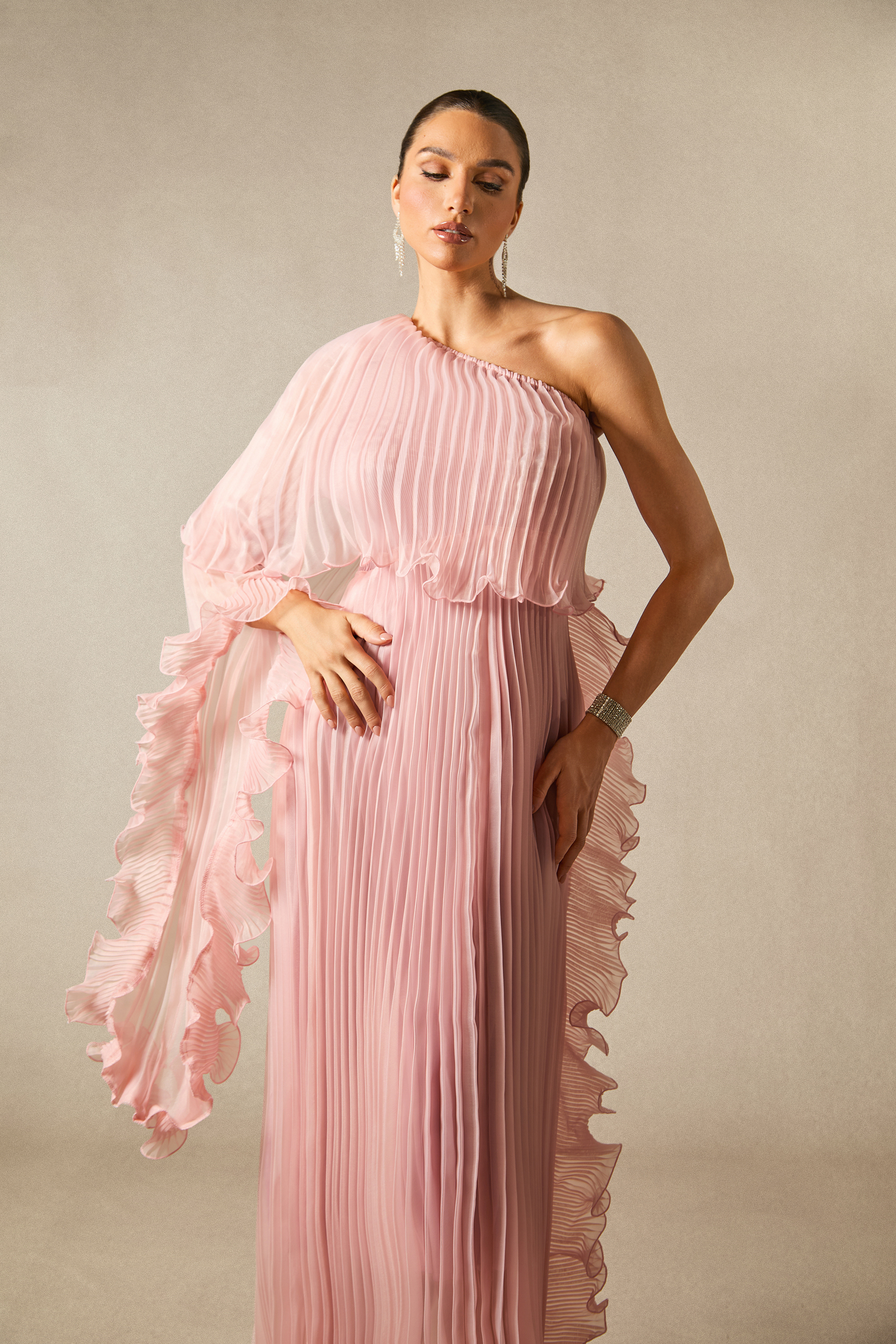 Khloe One-Shoulder Pleated Ruffle Chiffon Maxi Dress | sunfere