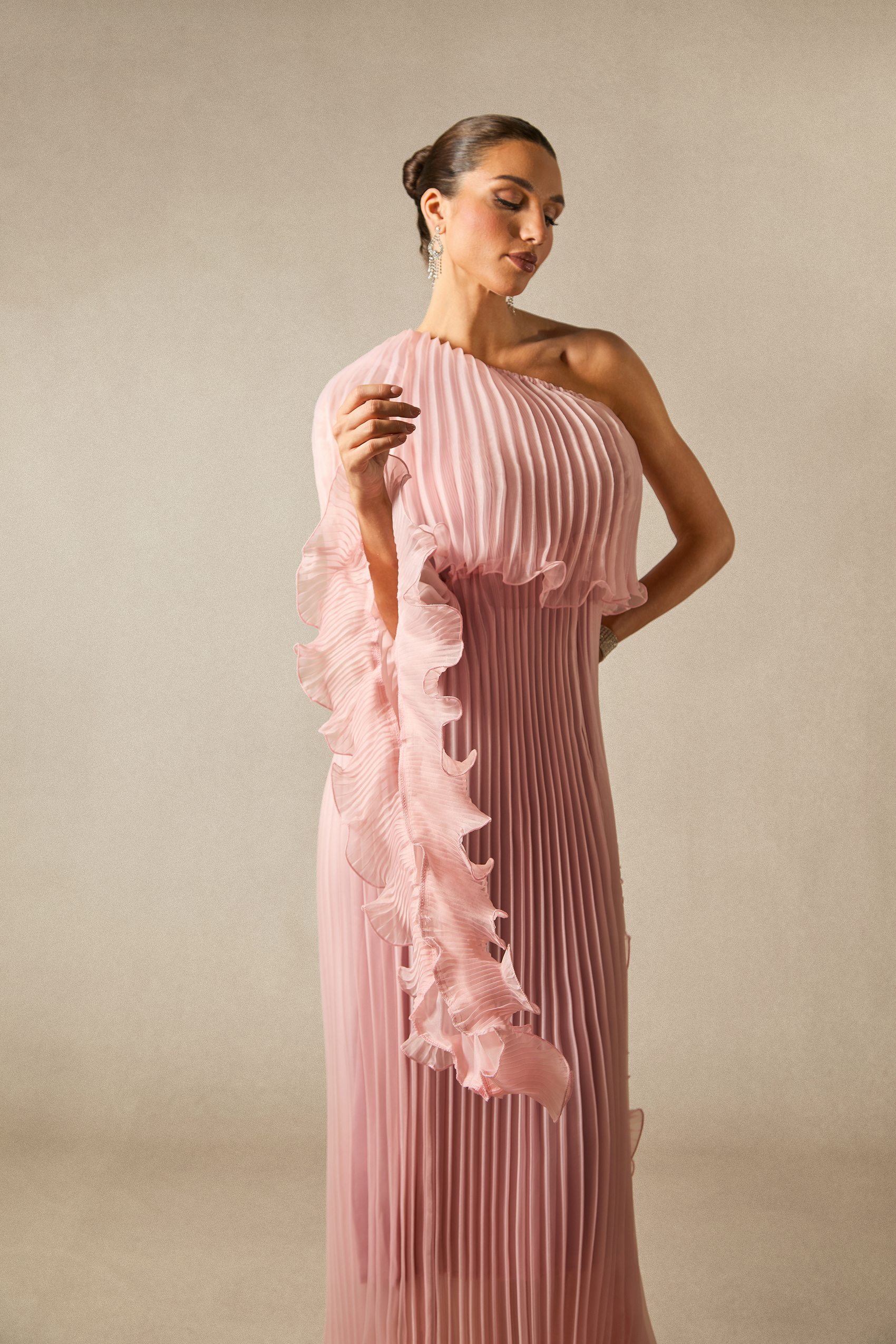 Khloe One-Shoulder Pleated Ruffle Chiffon Maxi Dress | sunfere