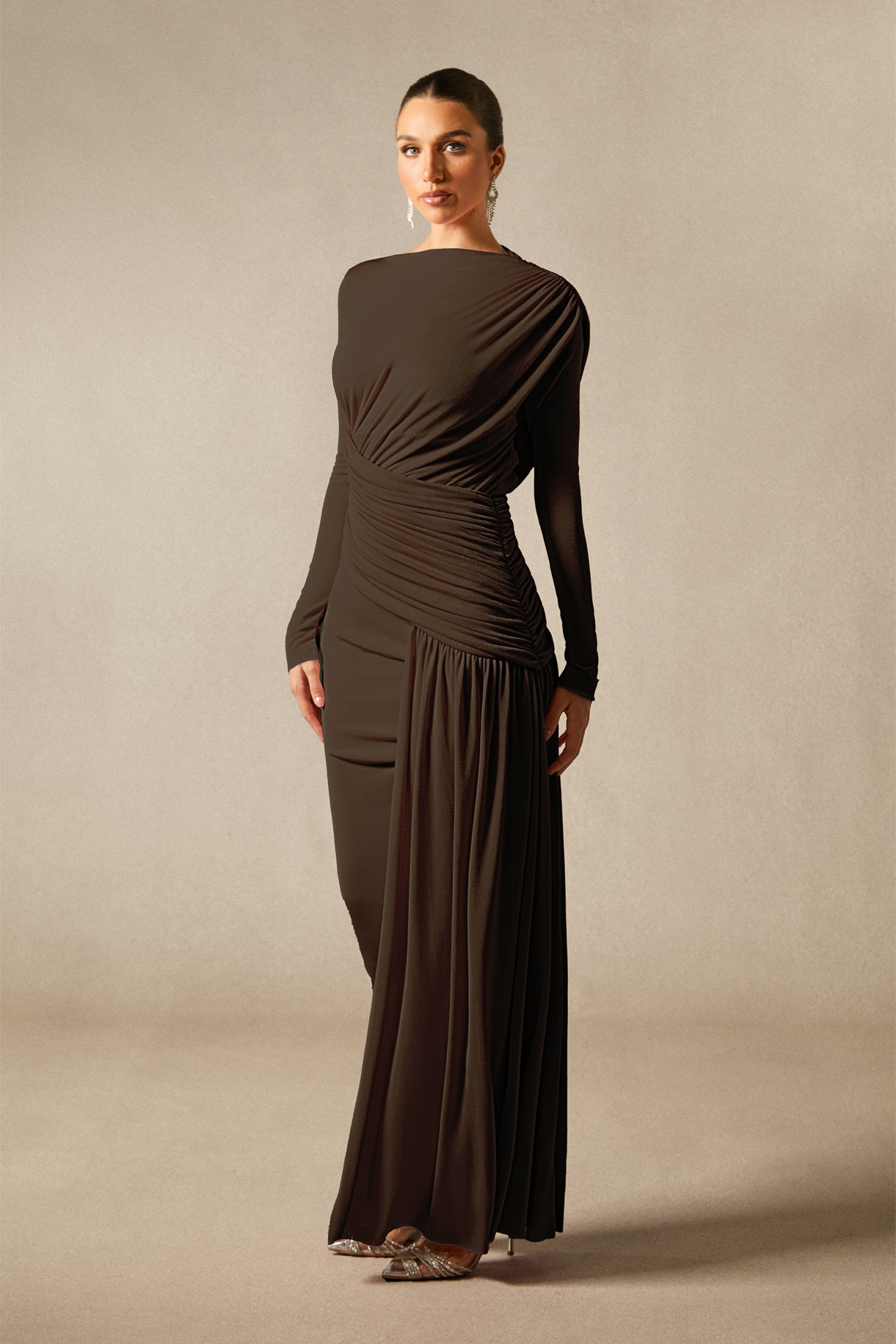 Casey Asymmetric Ruched Bodice Maxi Dress