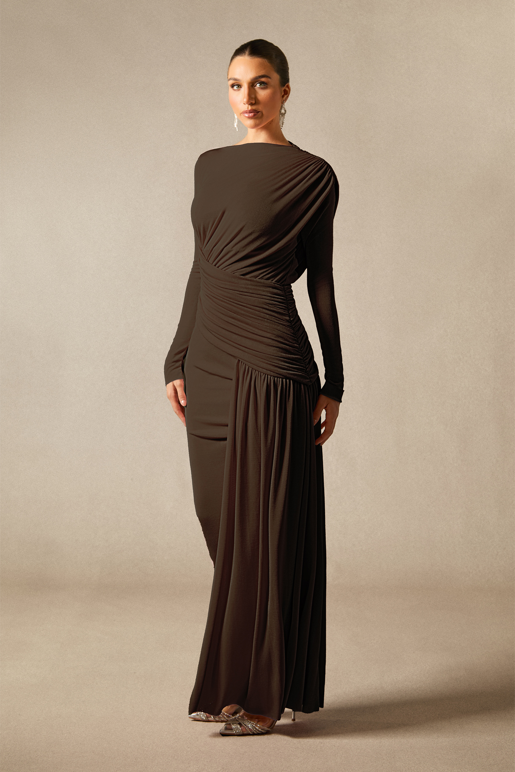 Casey Asymmetric Ruched Bodice Maxi Dress