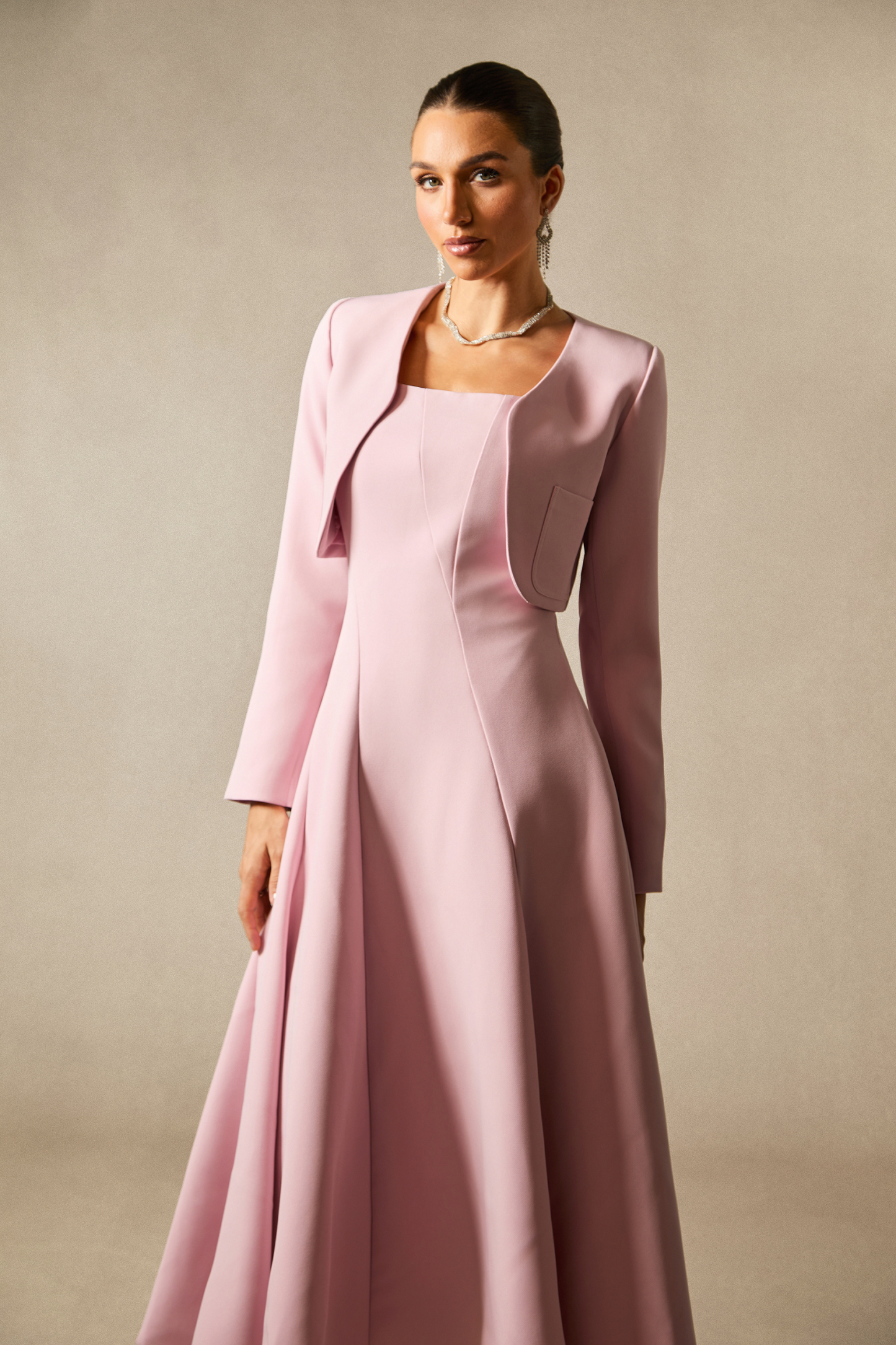 Cora Cropped Jacket Spaghetti Strap Midi Dress Set