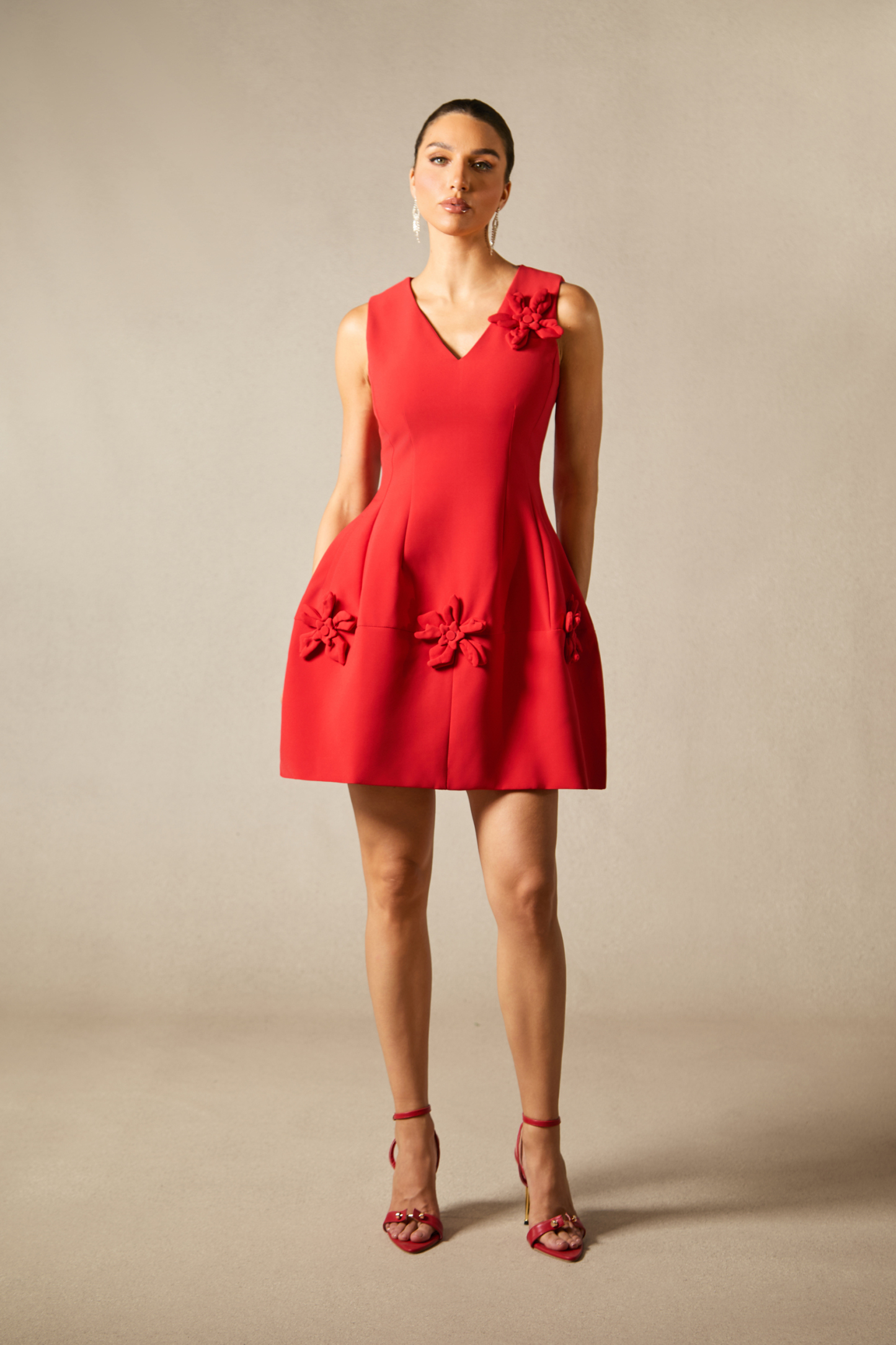 Bertina Floral Applique V-Neck Mini Dress