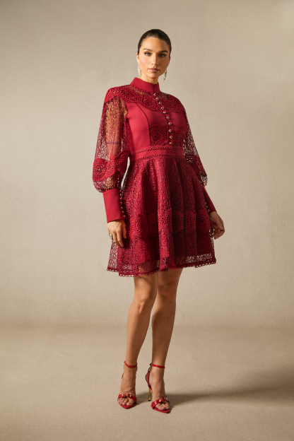 Charlotte High Neck Puff Sleeve Lace Mini Dress